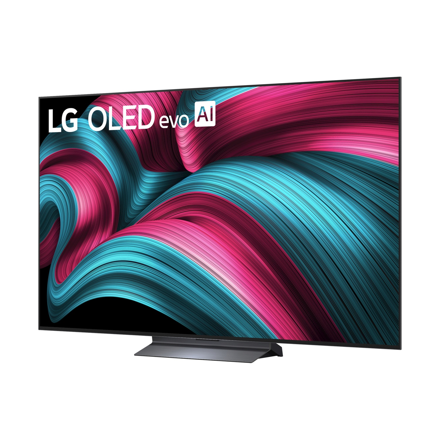Un televisore LG OLED evo AI con motivo astratto rosa e turchese.