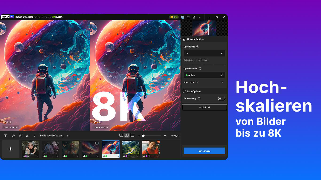 Astronaut blickt auf einen kosmischen Planeten; Software-Interface zeigt Hochskalierungsoptionen.