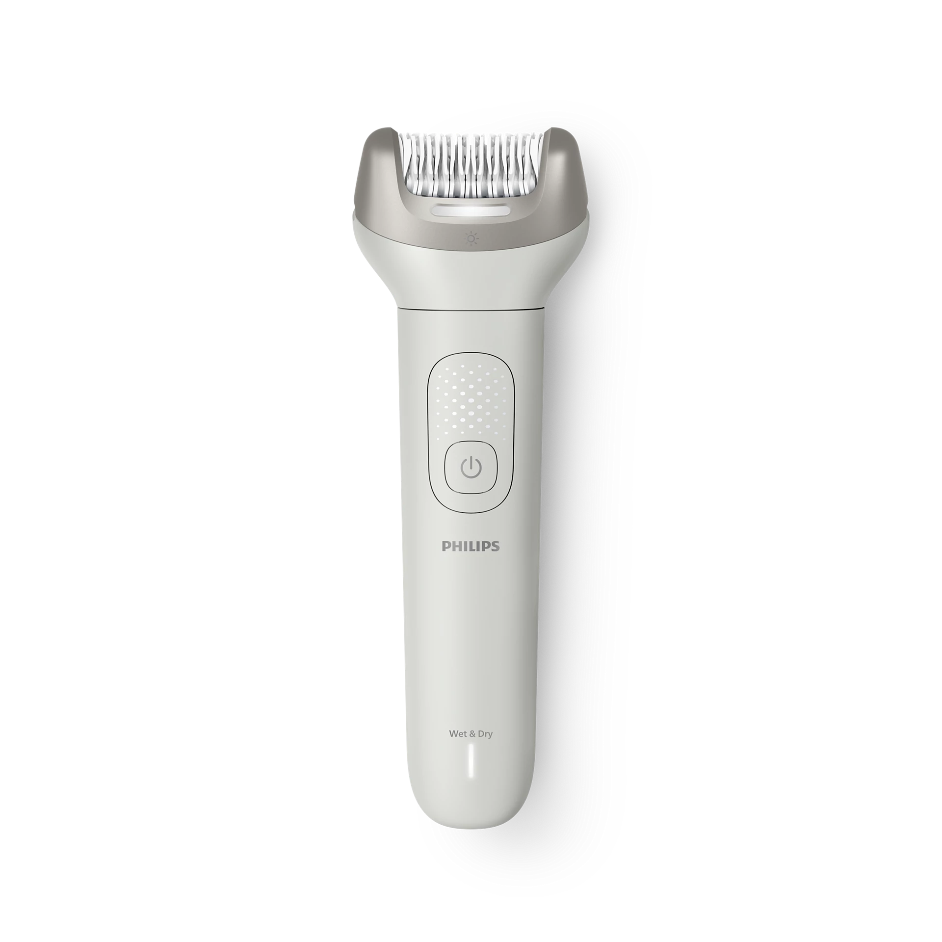 Depiladora Philips blanca con cabezal plateado y botones de control.
