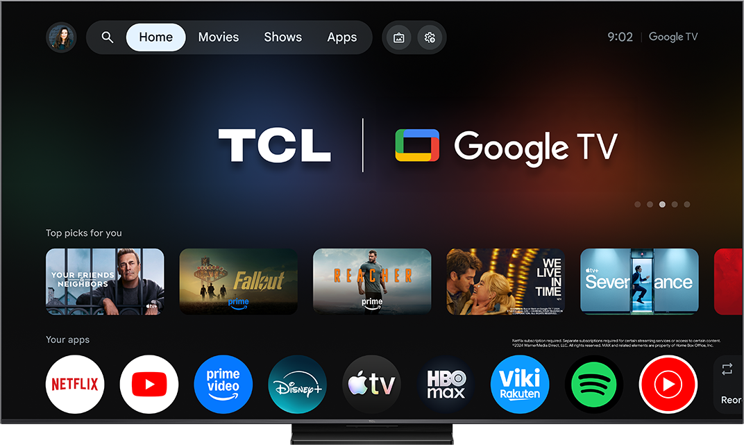 TCL Google TV kezdőképernyő ajánlásokkal és appokkal: Netflix, Prime Video, Disney+.