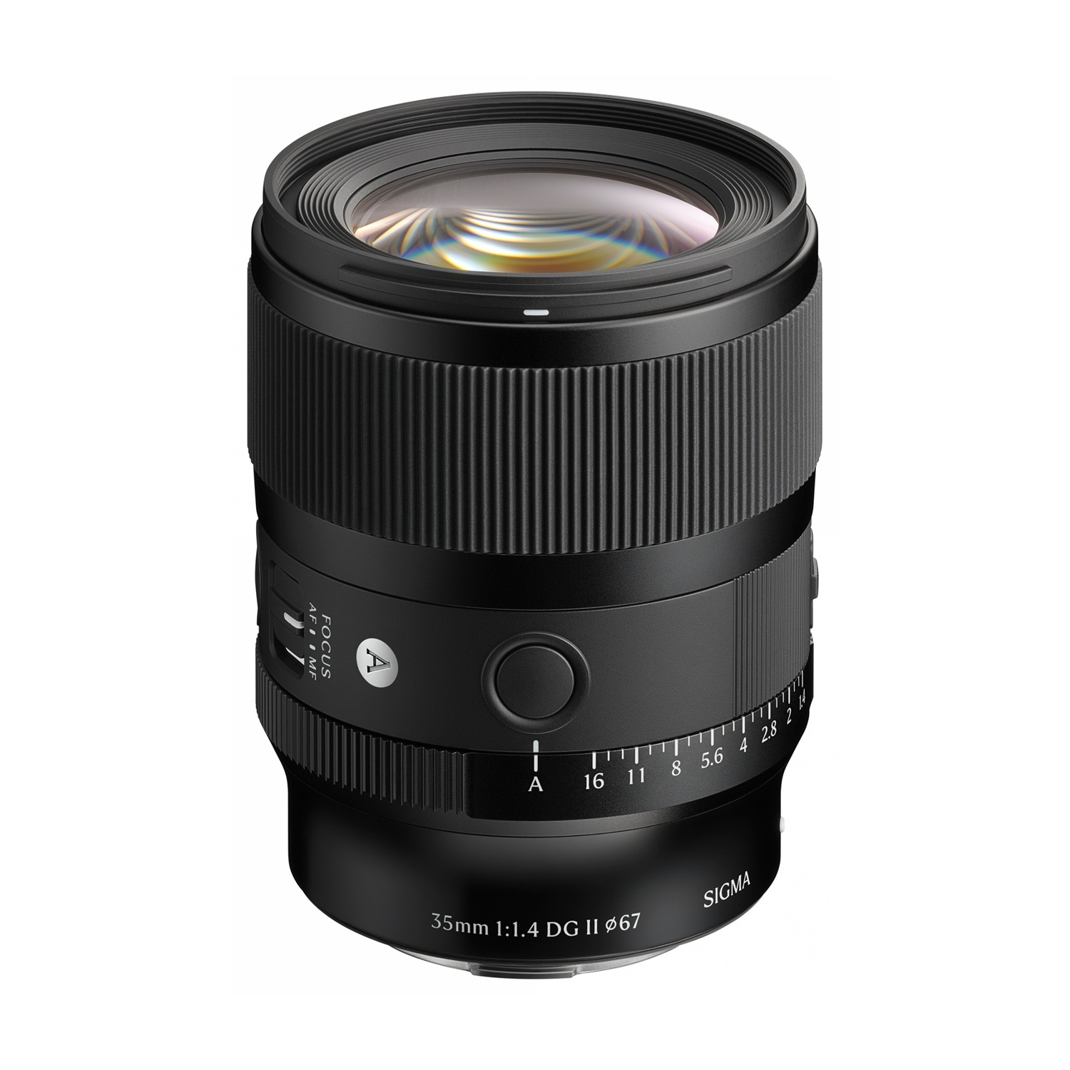 Un obiettivo Sigma 35mm 1:1.4 DG II nero con ghiera di messa a fuoco e segni di apertura.