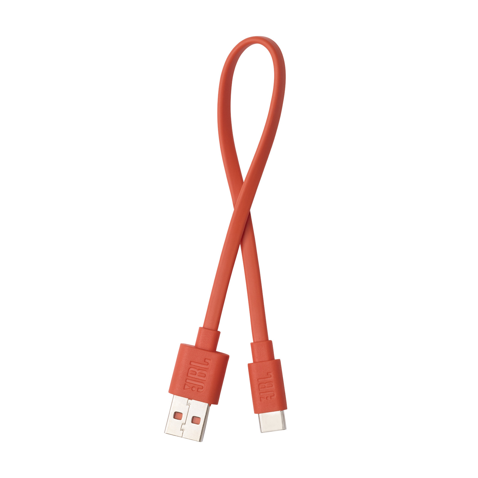 Ein orangefarbenes JBL-Kabel mit USB-A- und USB-C-Anschlüssen, das auf einem weißen Hintergrund liegt.