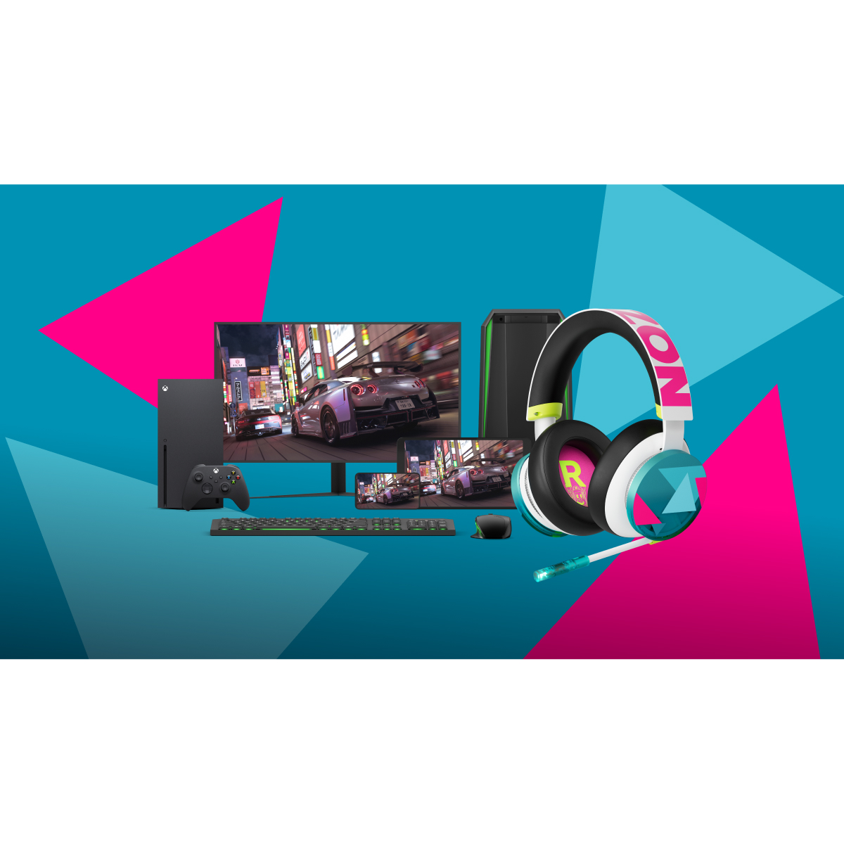 Xbox, monitor, słuchawki, klawiatura, mysz i telefon z grą wyścigową.