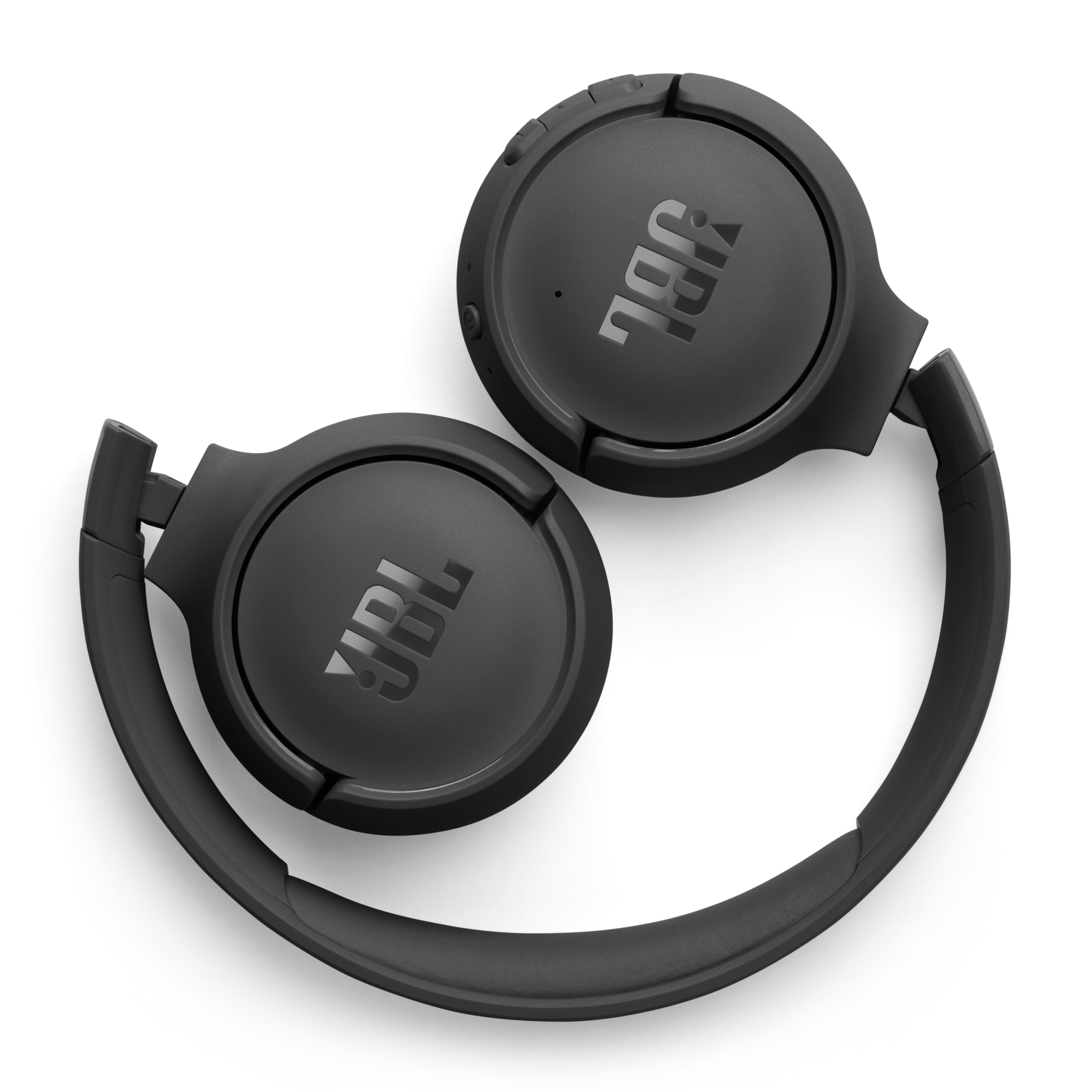 Schwarze JBL Kopfhörer, zusammengeklappt, mit Logo.