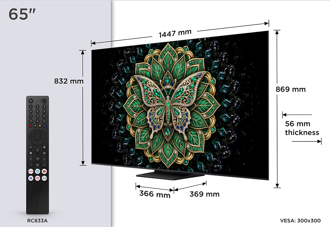 65 hüvelykes TV távirányítóval, méretek 1447x869x56mm.
