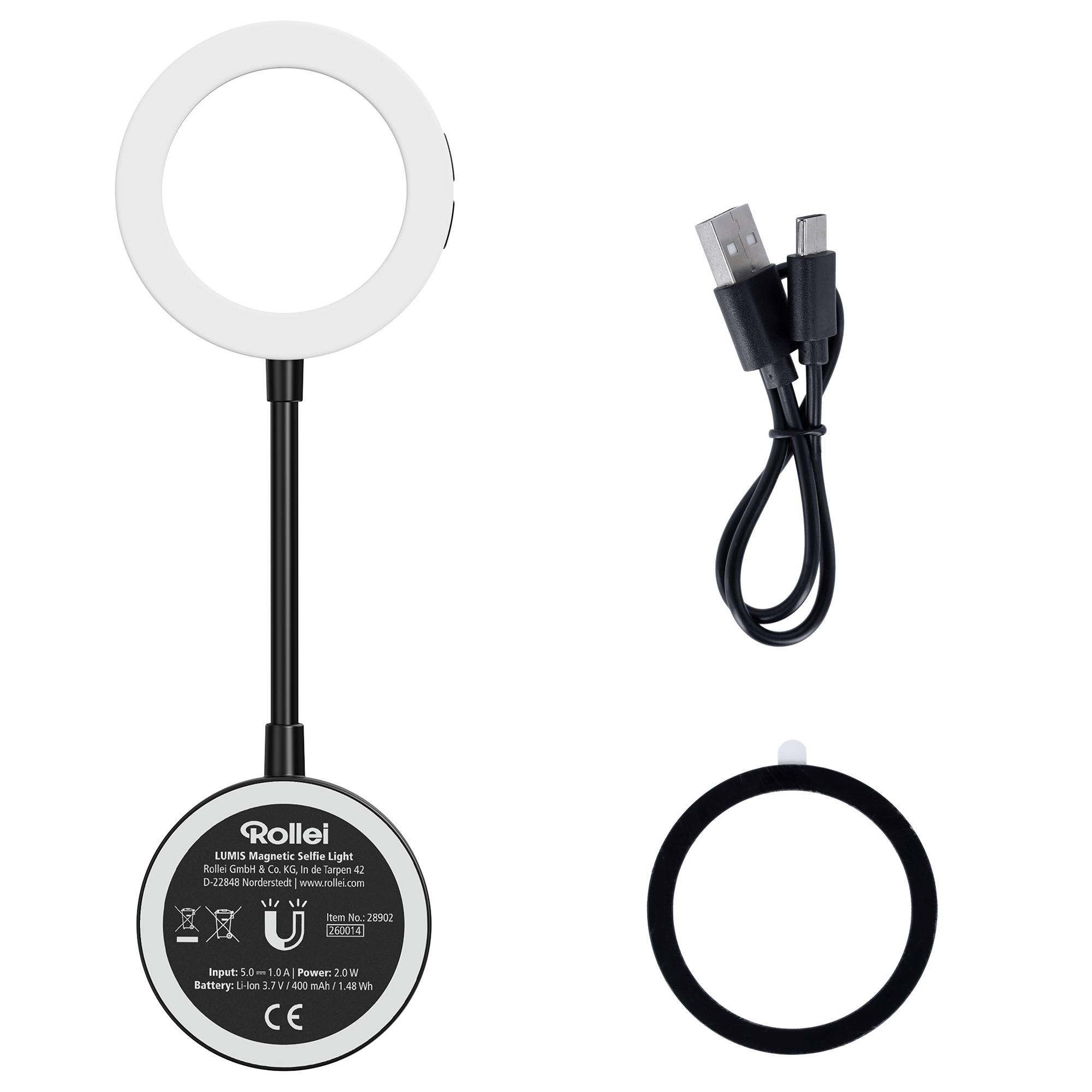 Weiße Ringlicht-Selfie-Lampe mit schwarzem Ständer, USB-Kabel und Zubehör.
