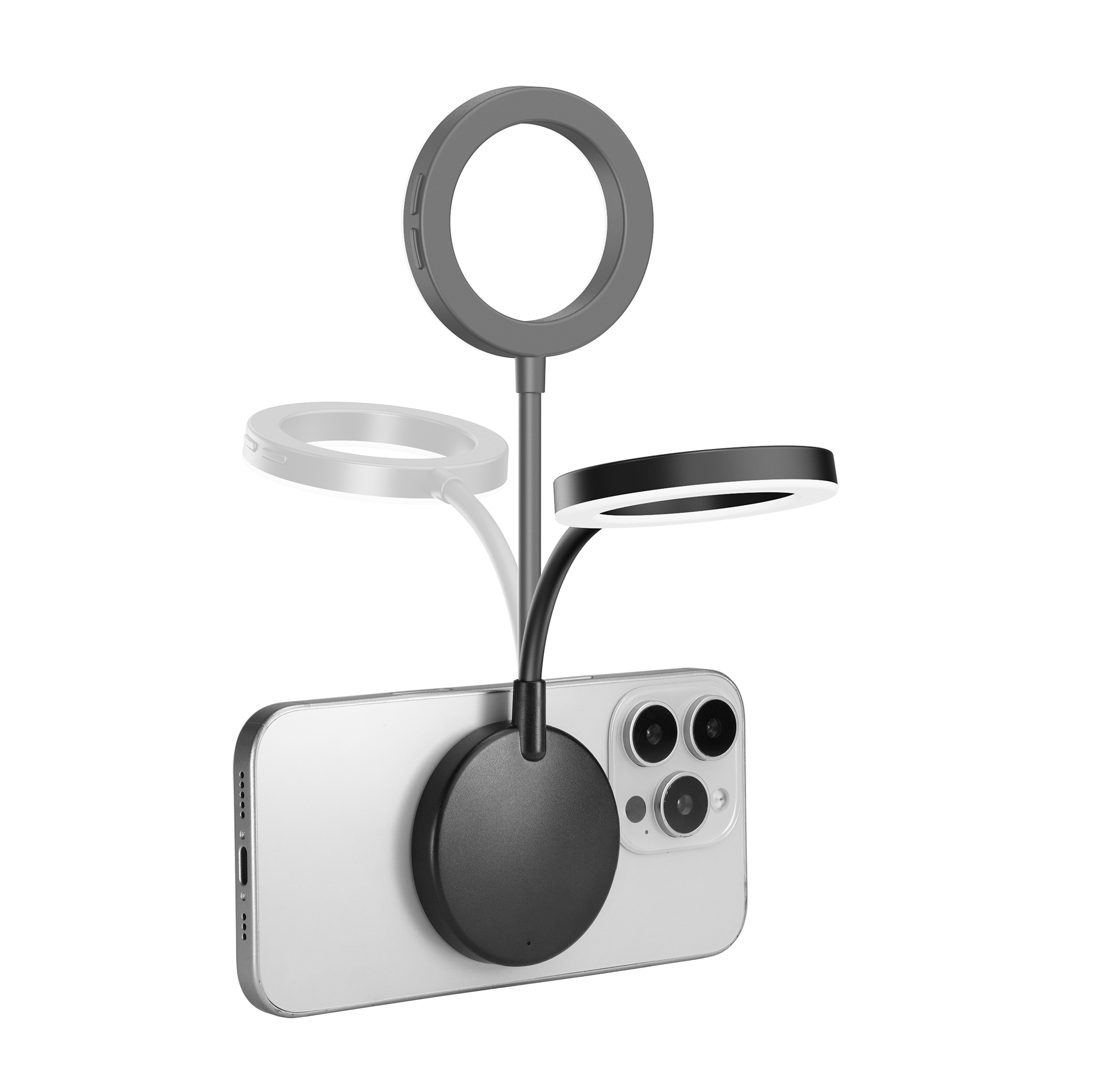 Ein schwarzer Ringlicht-Aufsteller mit drei Ringen, der an einem weißen Smartphone befestigt ist.