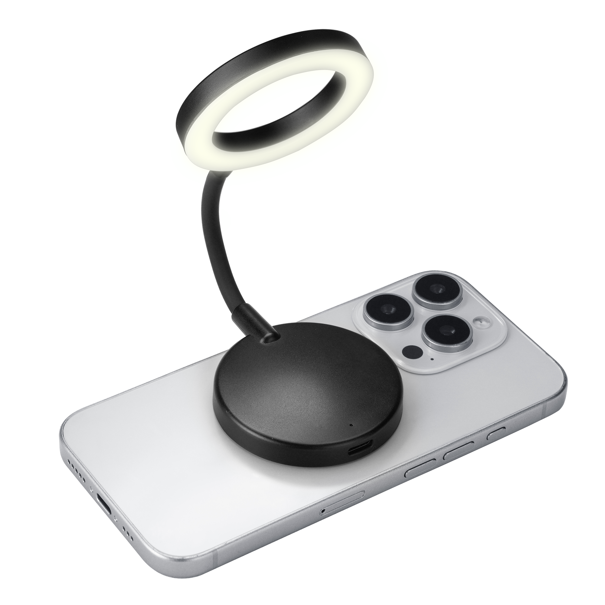Ein Ringlicht mit flexibler Halterung auf einem weißen Smartphone.