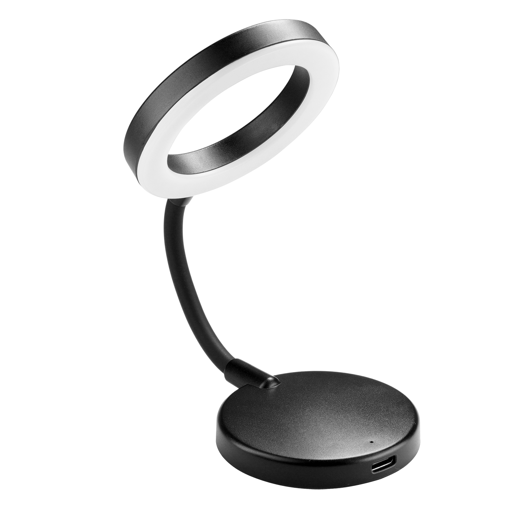 Eine schwarze Schreibtischlampe mit einem flexiblen Hals und einem runden LED-Licht.
