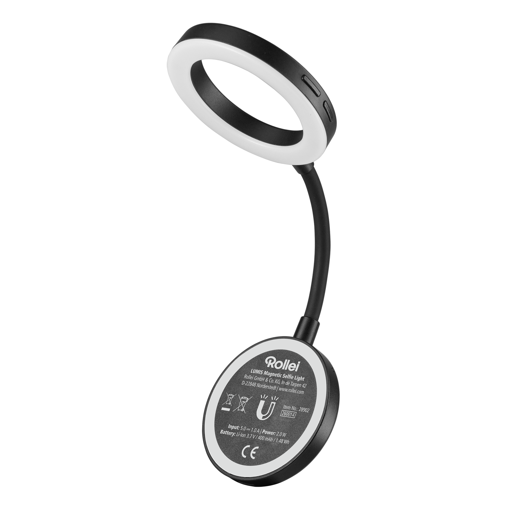 Ein schwarzes Ringlicht mit flexiblen Hals und runder Basis.