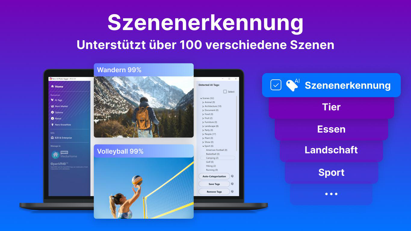 Screenshot einer KI-Software mit Wander- und Volleyballbildern. Kategorien wie Tier, Essen, Landschaft.