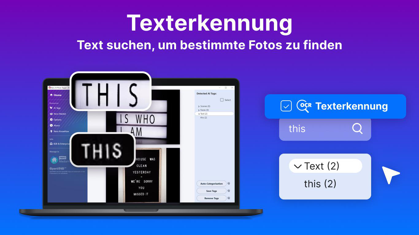 Laptop zeigt Texterkennung-Software mit Text-Tags und Suchleiste.