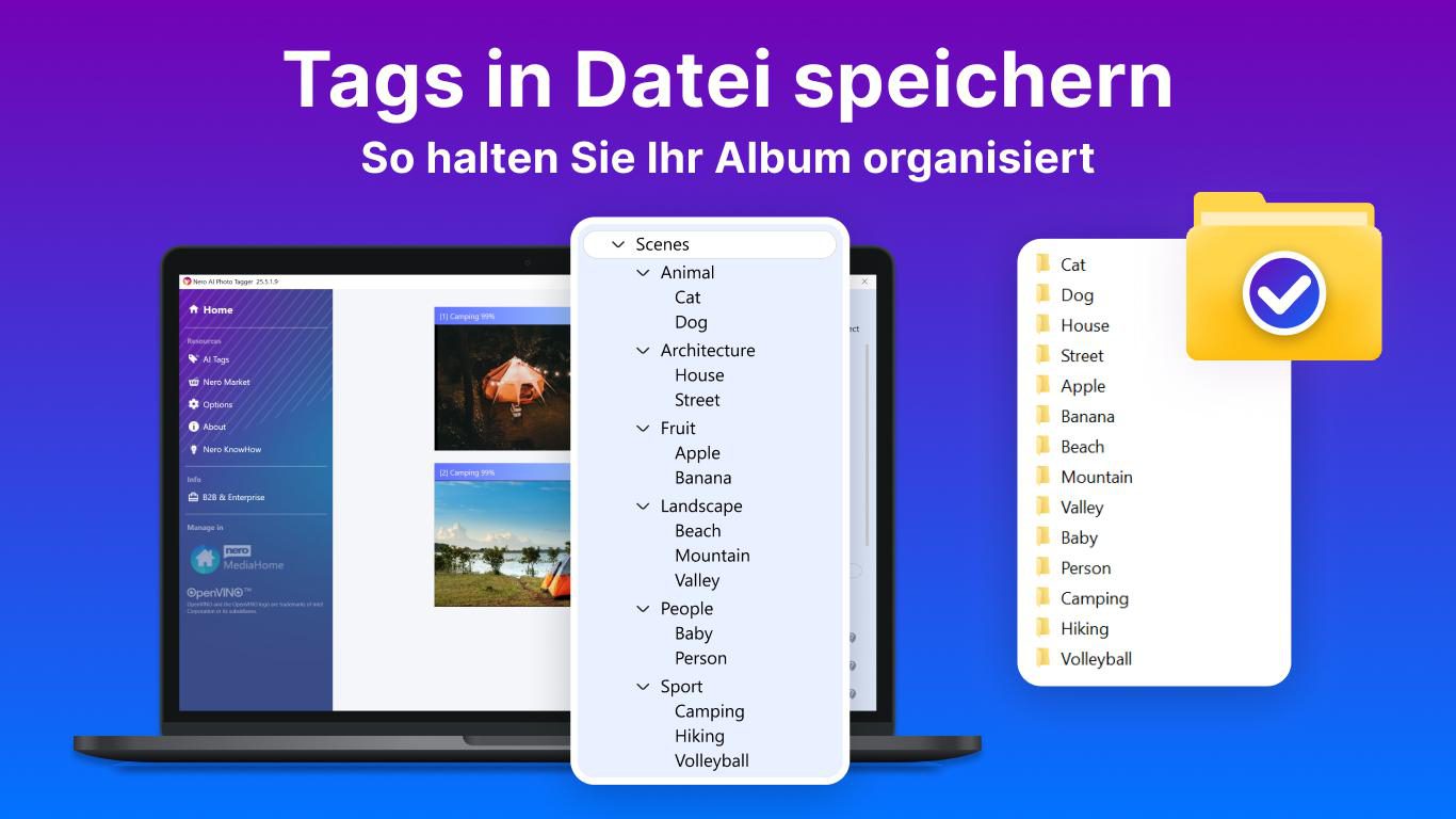 Screenshot einer App zum Taggen von Fotos mit Kategorien wie Tier, Architektur und Landschaft.