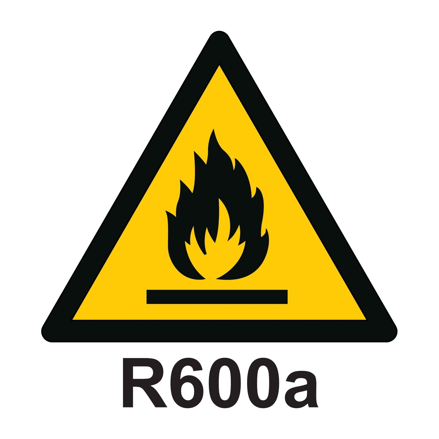 Cartello di avvertimento: fiamma sopra linea, sotto R600a.