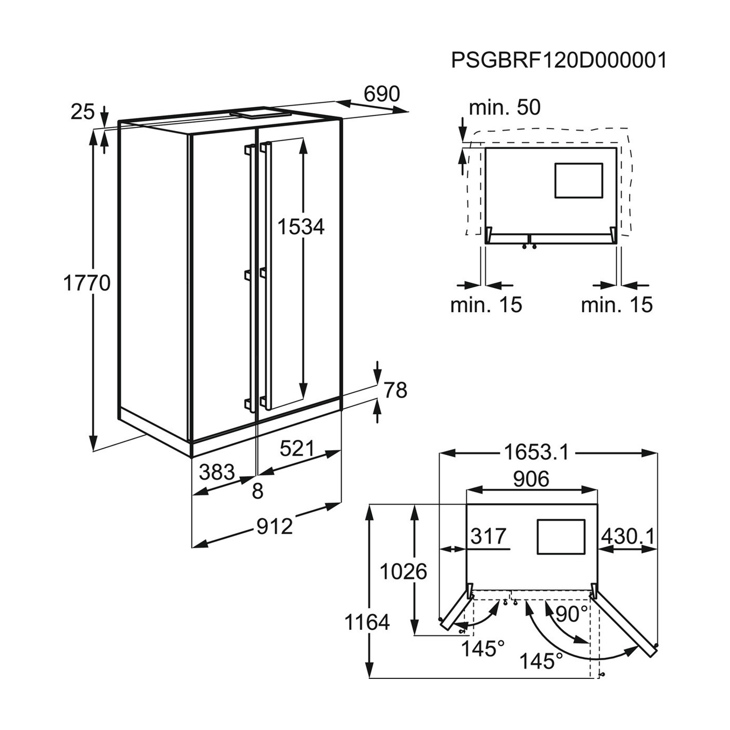 Disegno tecnico di un mobile con dimensioni e angoli di apertura.