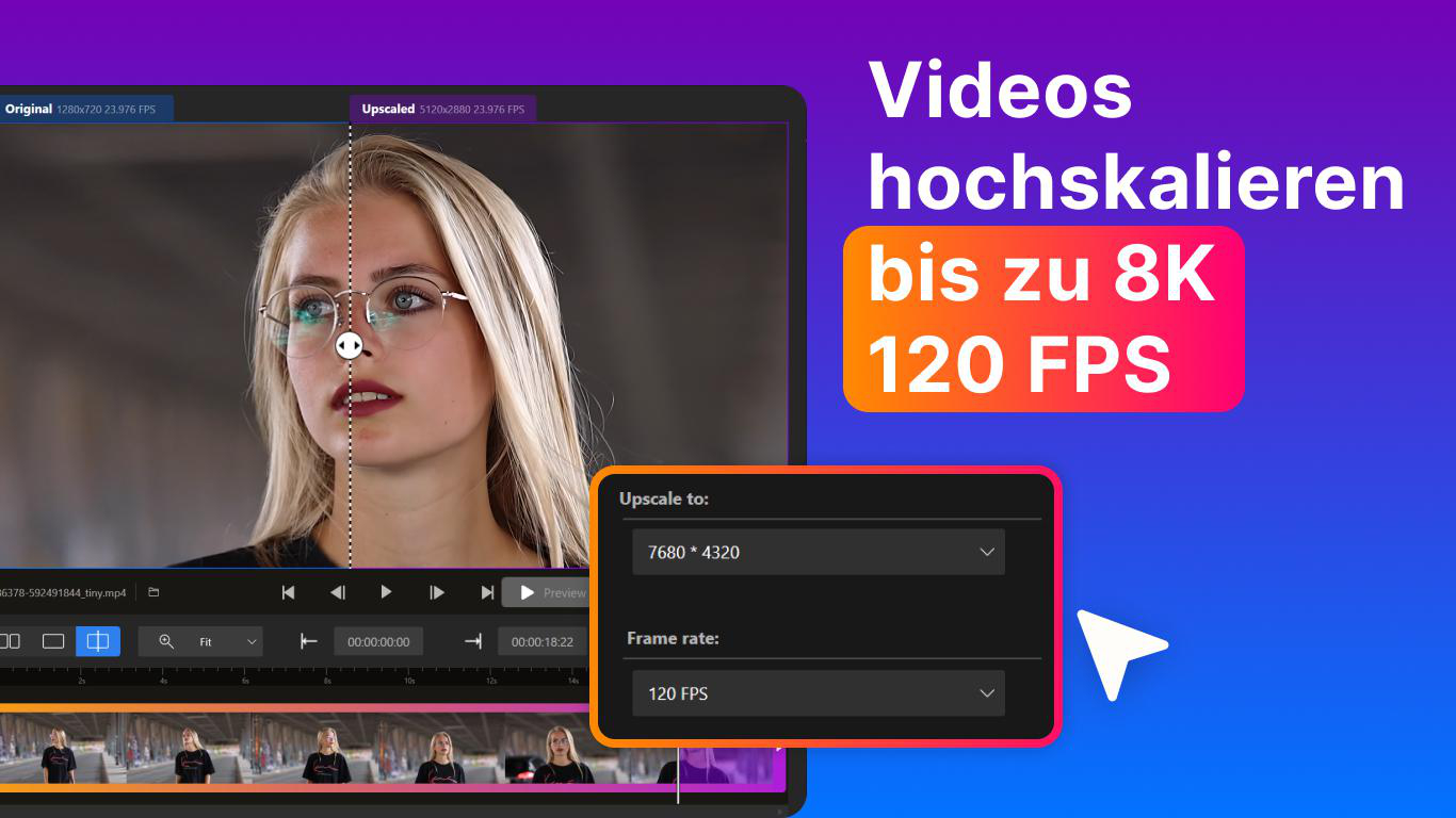 Videoeditor mit Frau und Skalierungsoptionen für bis zu 8K und 120 FPS.