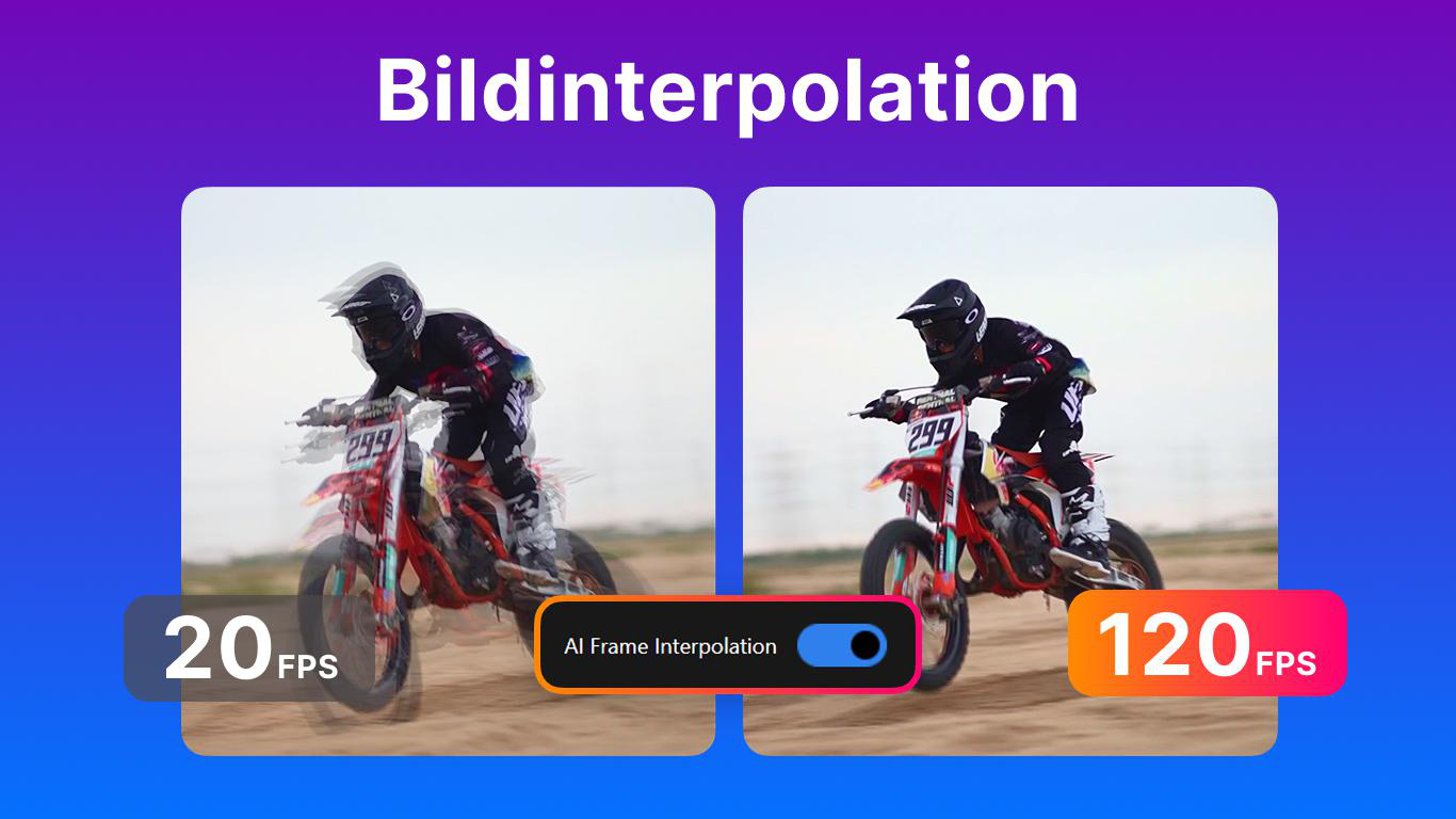 Zwei Bilder eines Motorradfahrers, links 20 FPS, rechts 120 FPS mit KI-Interpolation.