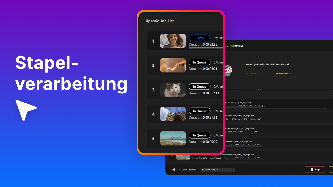 Liste von Stapelverarbeitungsjobs mit Bildern, Dauer und Status.