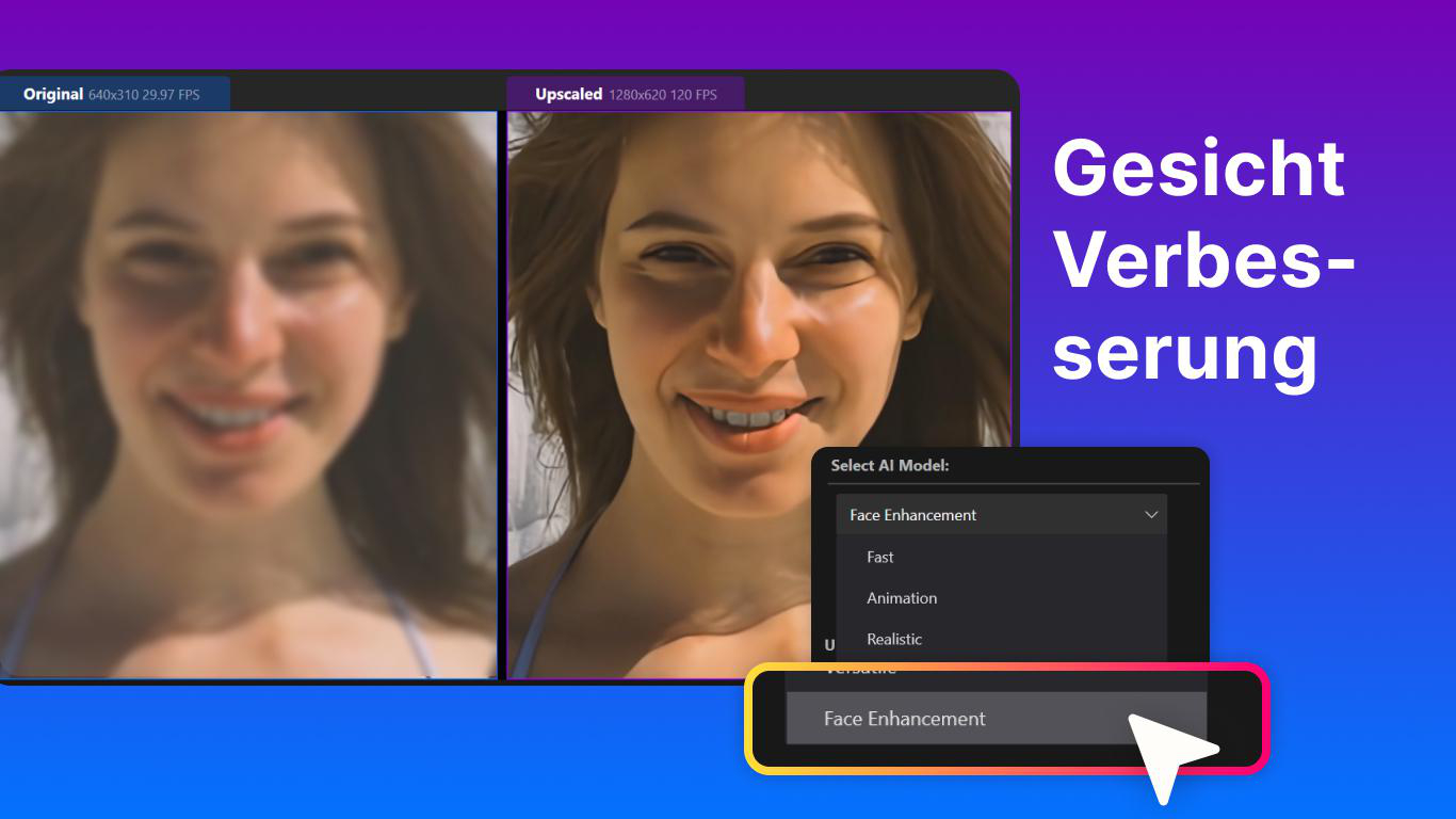 Original und KI-verbessertes Gesicht nebeneinander; mit Auswahlmenü.
