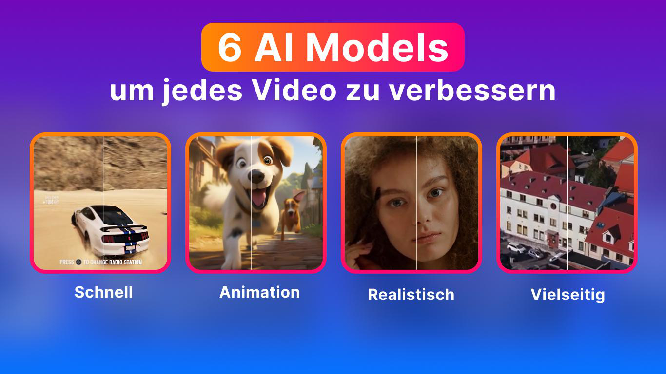 6 KI-Modelle zur Verbesserung von Videos: Auto, Animation, Gesicht und Stadt.