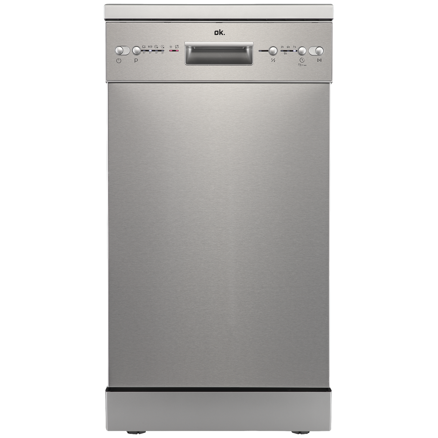 Silver dishwasher with control panel and a compartment on top.