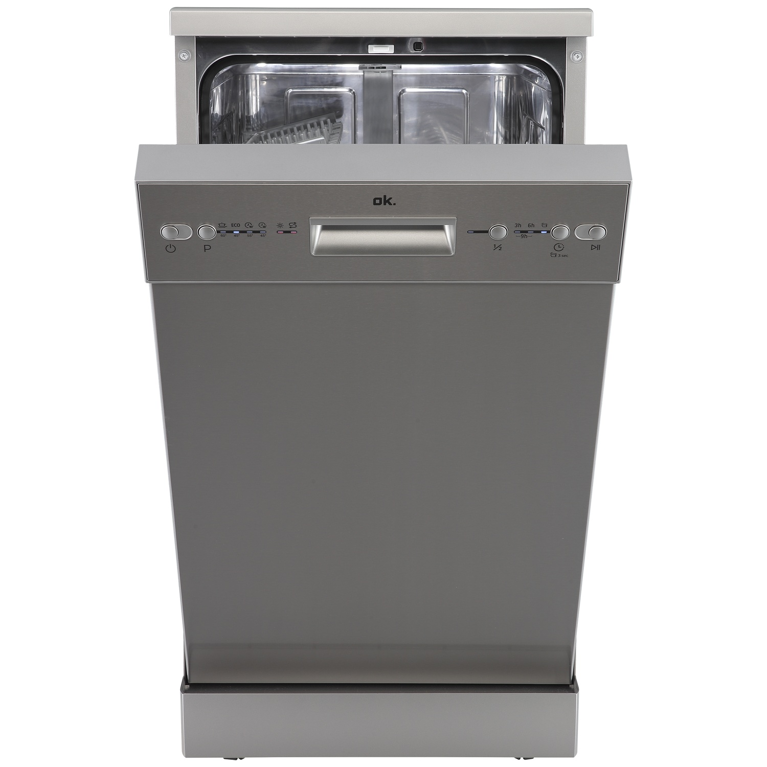 Gray dishwasher with open door and control panel. Interior visible.