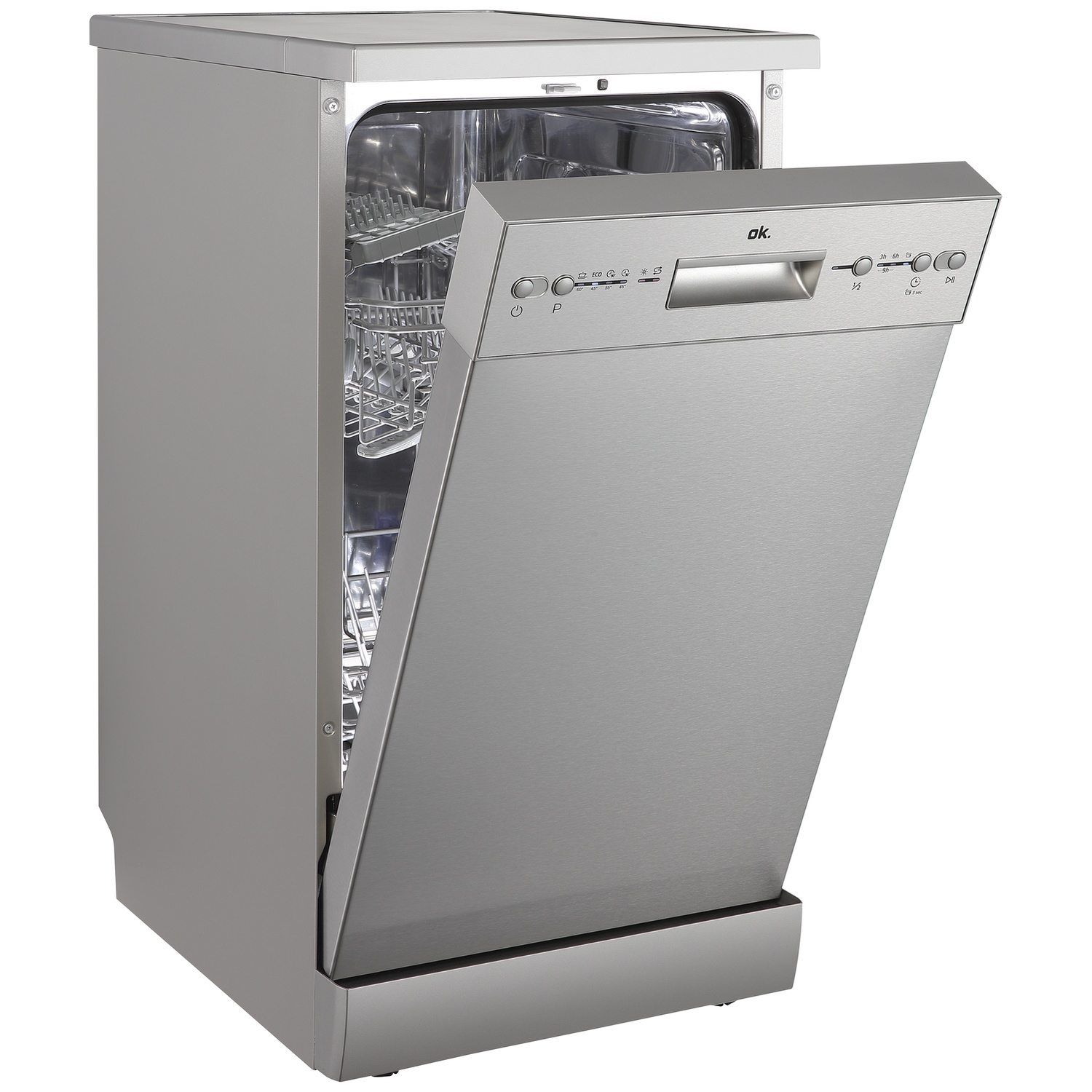 Silver dishwasher with door slightly open, showing the interior basket.