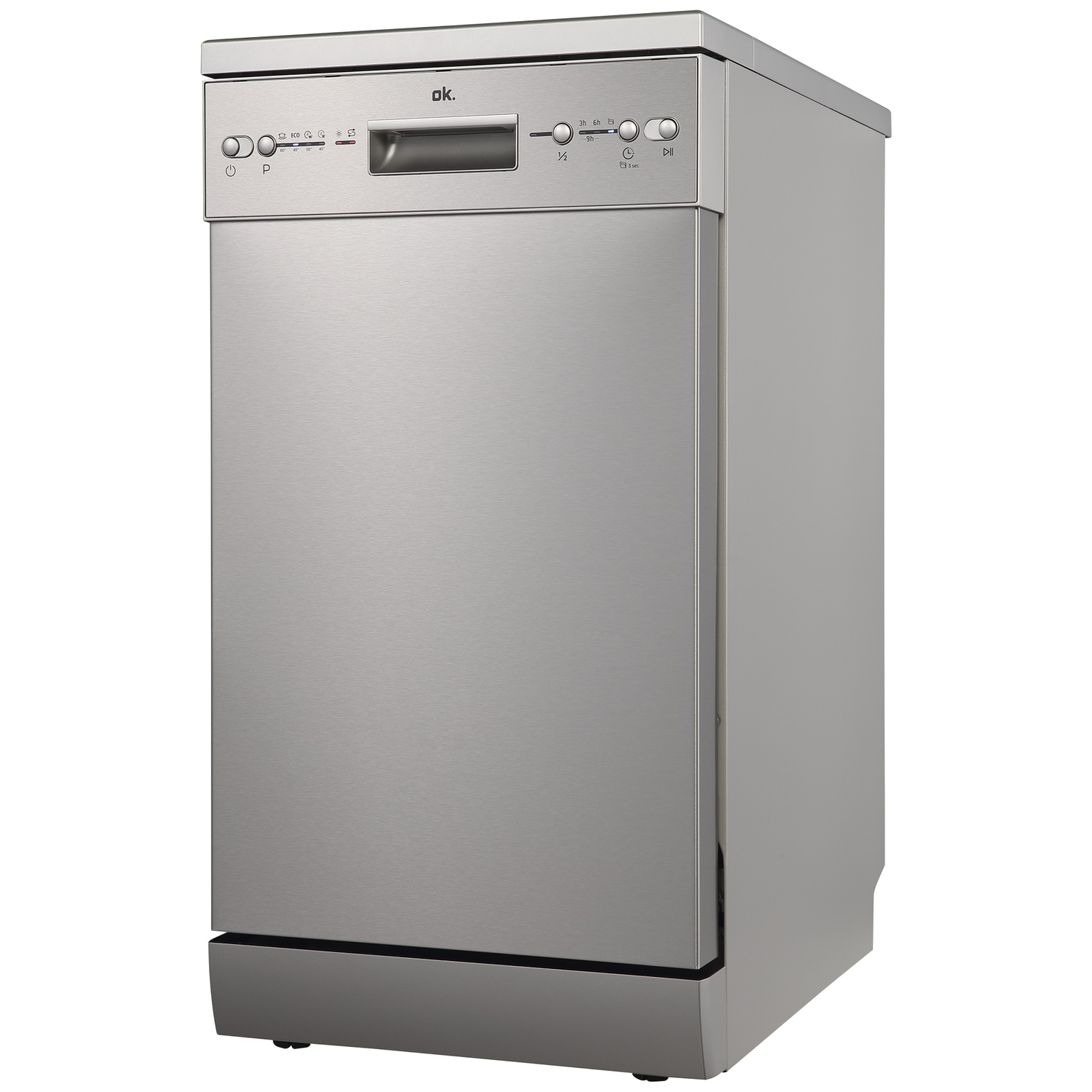 A silver dishwasher with control panel and display.