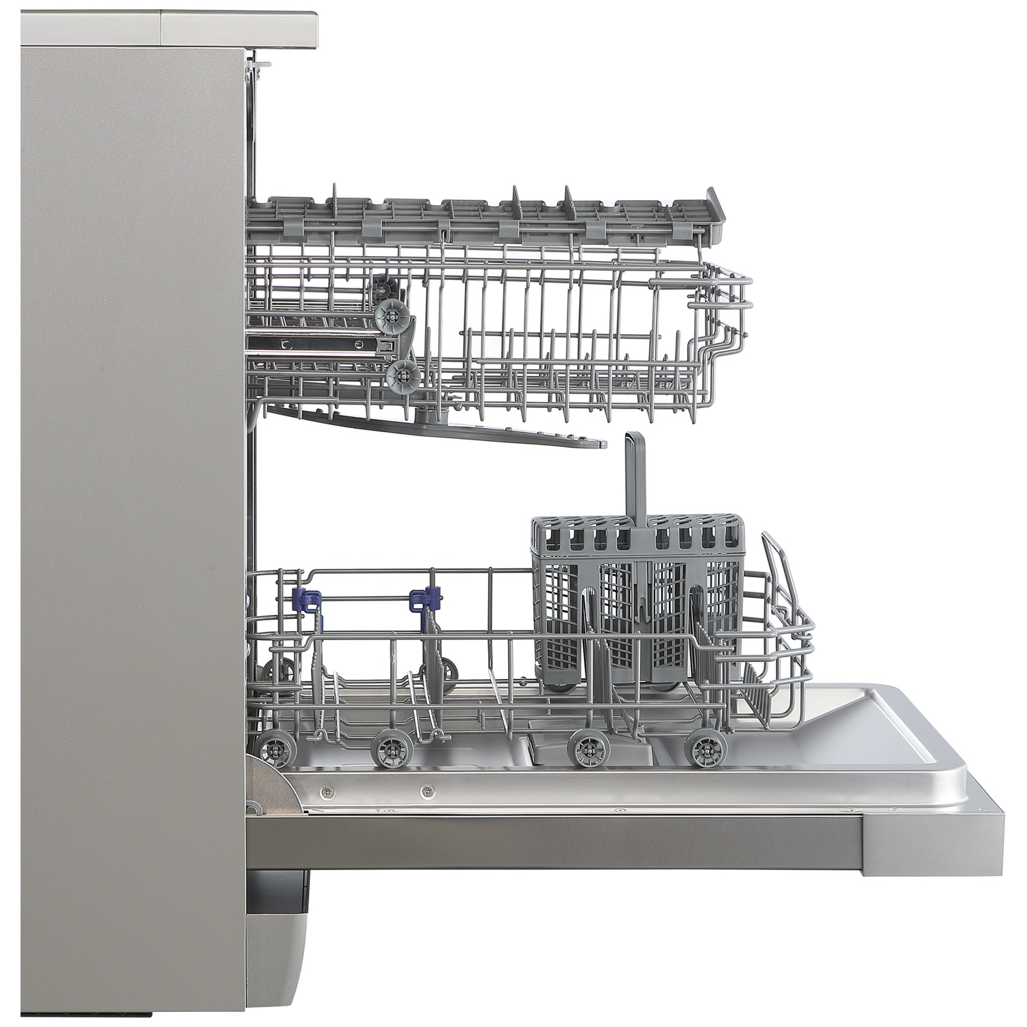 A silver dishwasher with its racks pulled out, showing empty baskets.