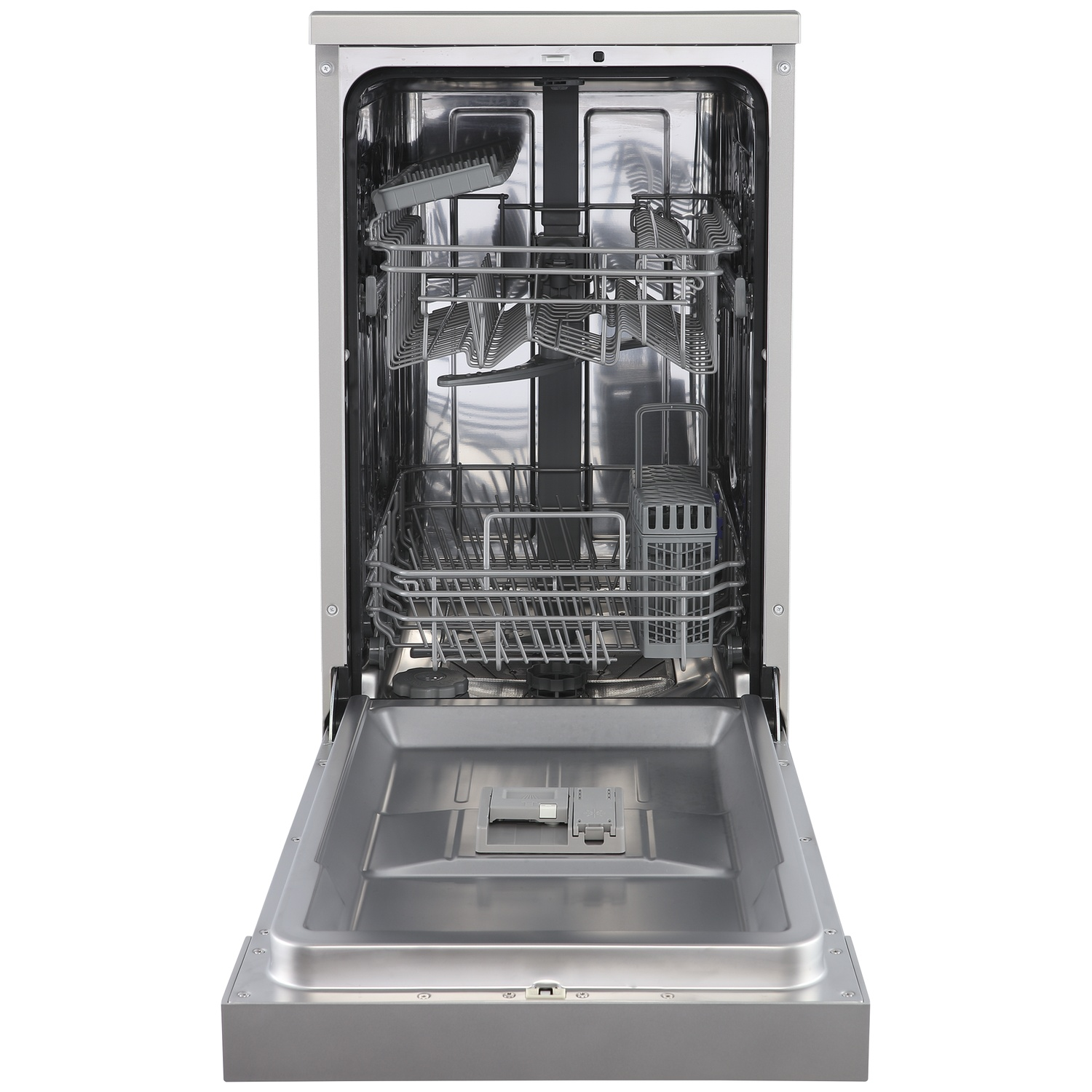 Open stainless steel dishwasher with two racks and a cutlery basket.