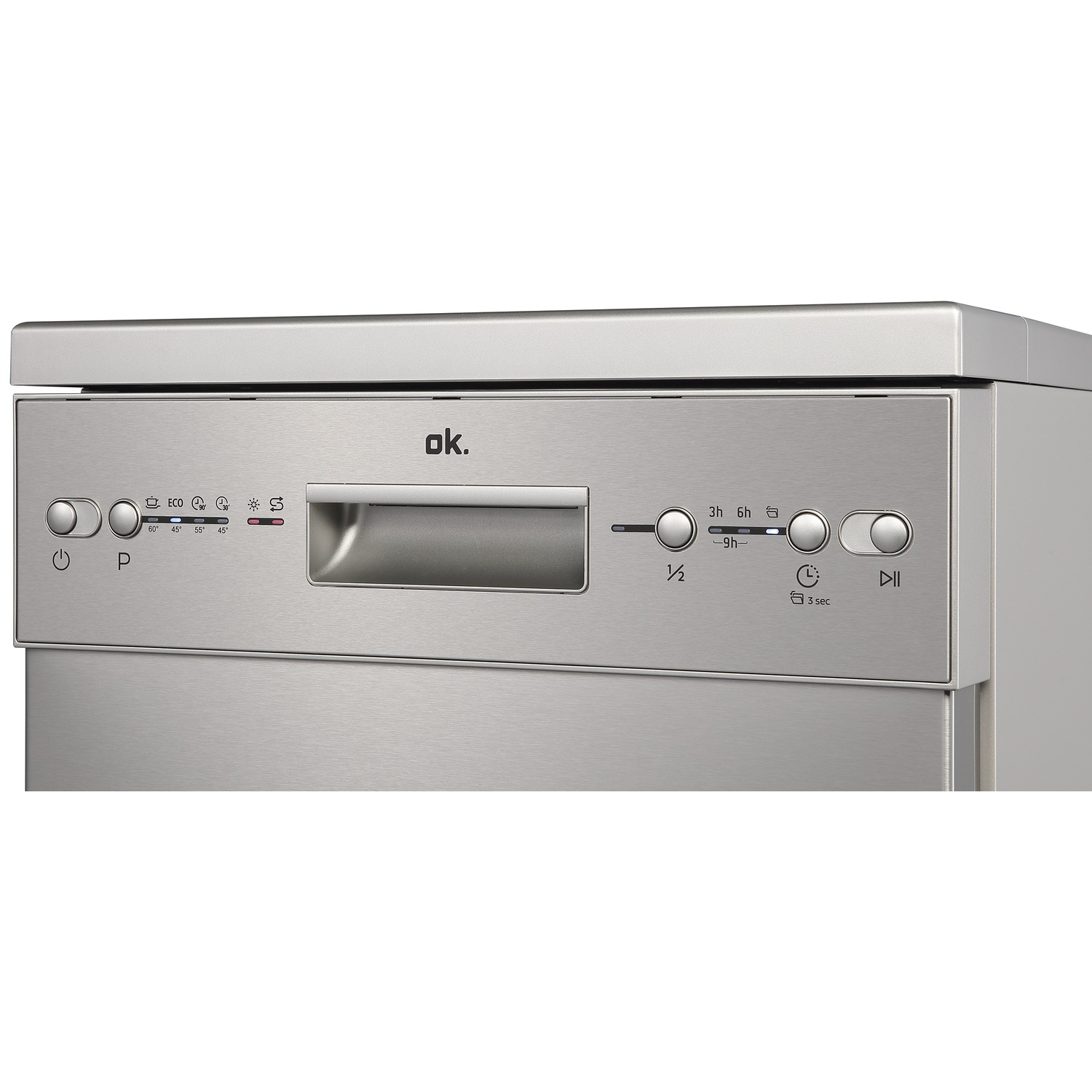 Stainless steel dishwasher control panel with buttons and icons.