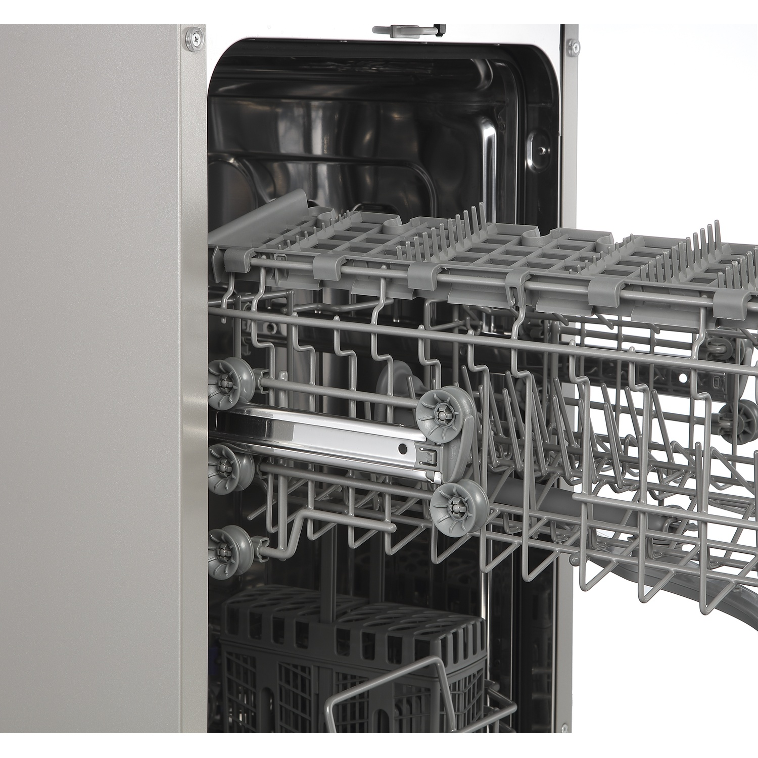 Open dishwasher with pull-out racks and wheels.