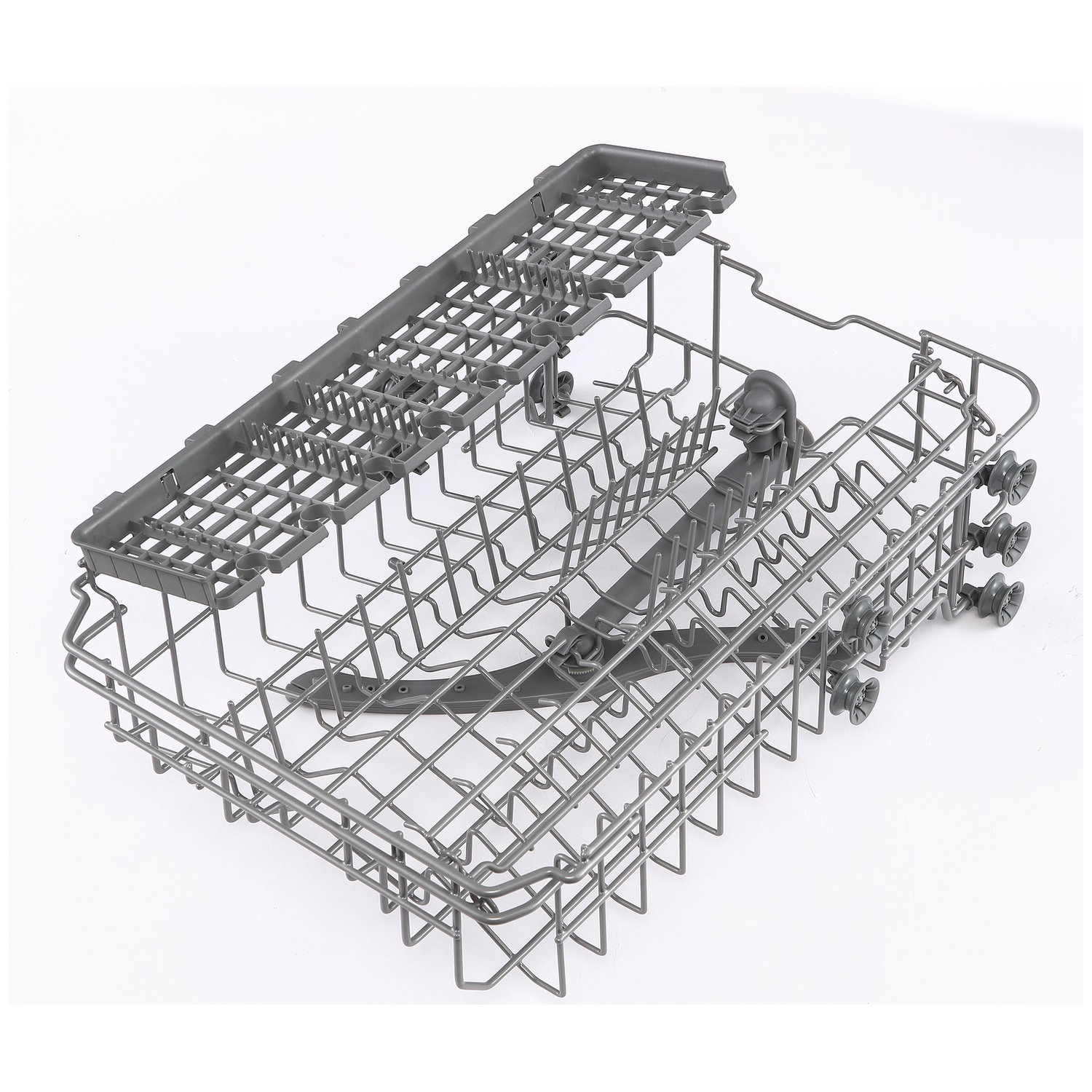 A gray dishwasher rack with a plastic top rack and metal wire base, on white.