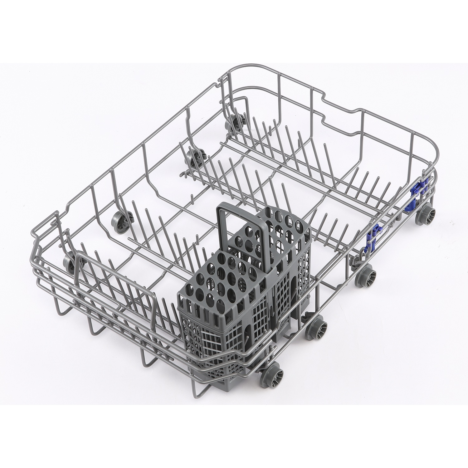 An upper dishwasher rack with a cutlery basket.