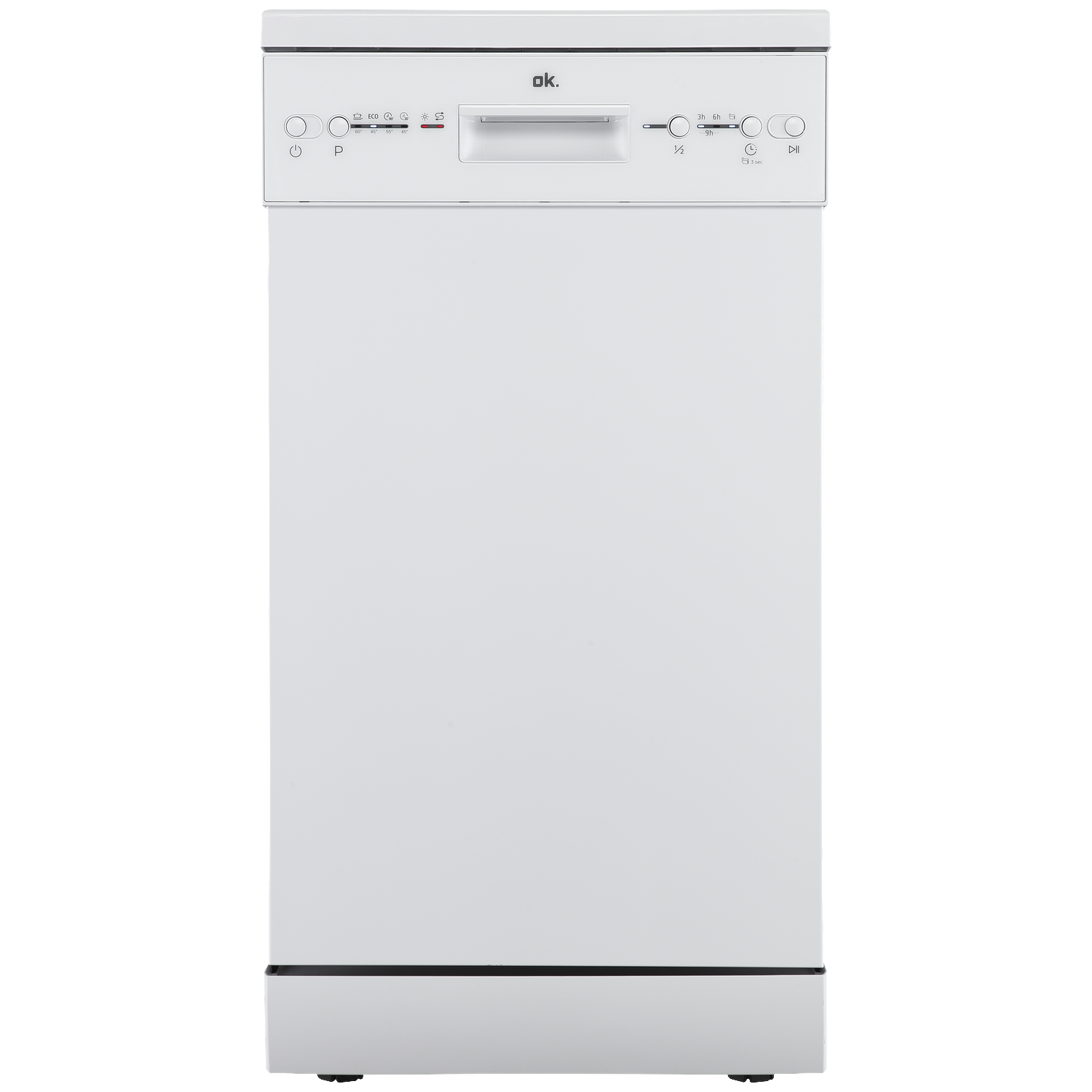 A white dishwasher with a control panel and 'ok.' branding.