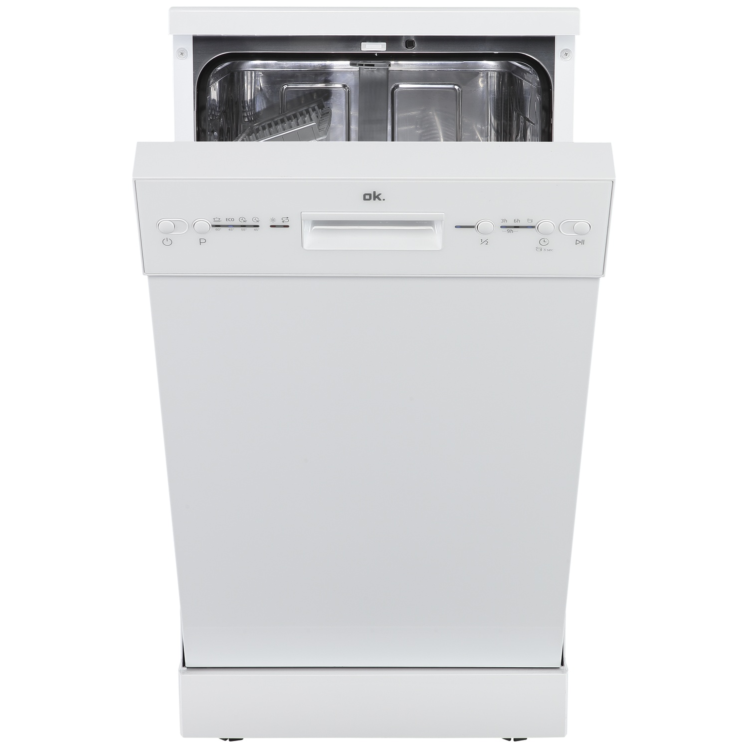 A white OK. brand dishwasher with its door open, revealing the interior.