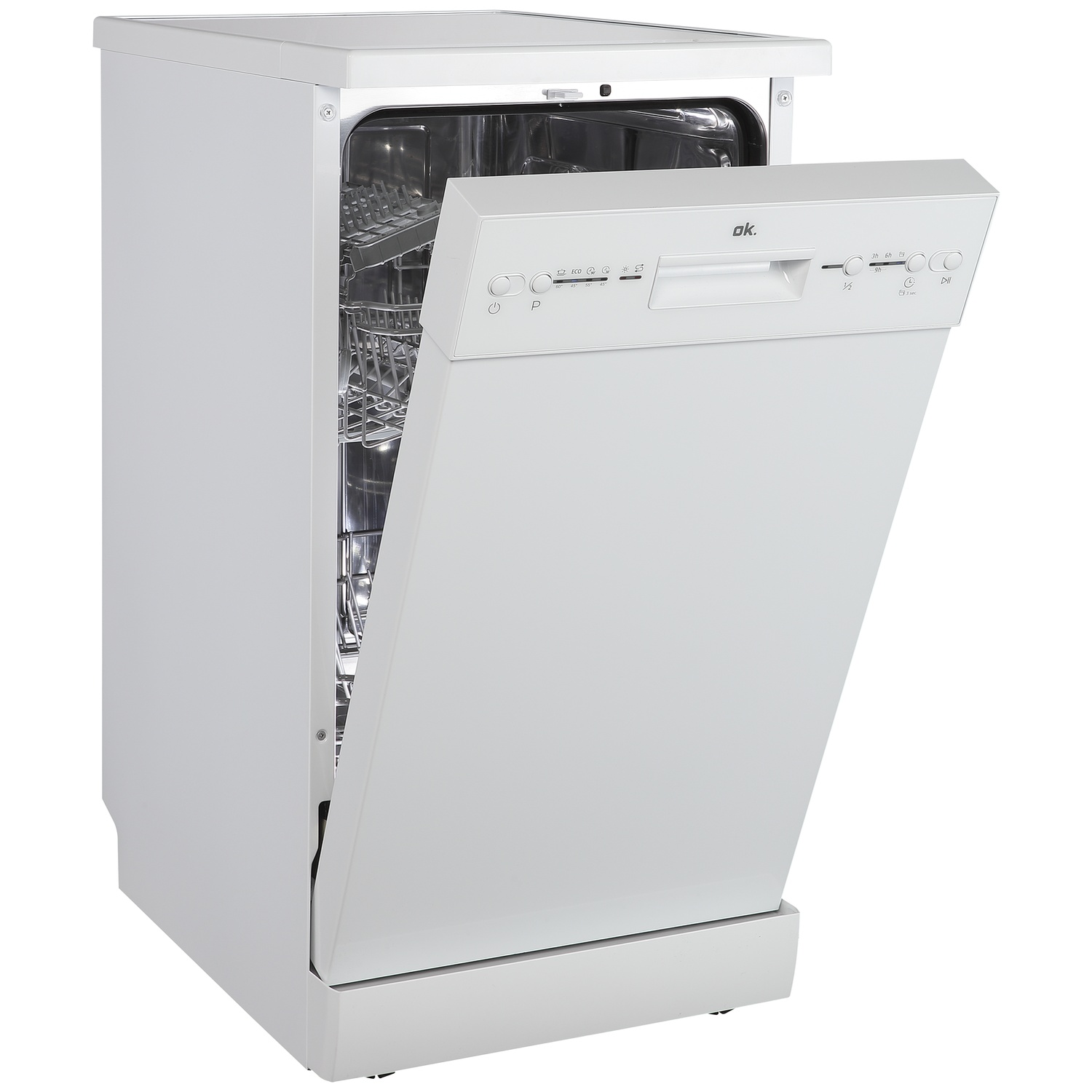 A white dishwasher with its door open, showing racks and control panel.