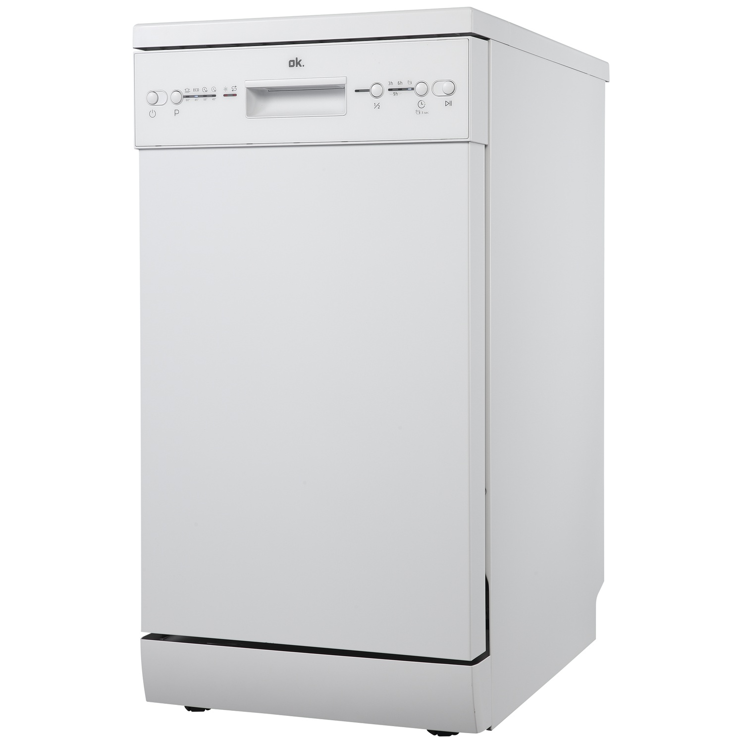 A white OK. brand dishwasher with a control panel showing various program options.