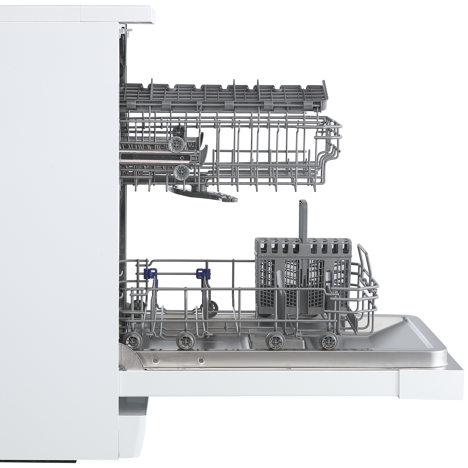 An open white dishwasher with two gray metal racks extended.