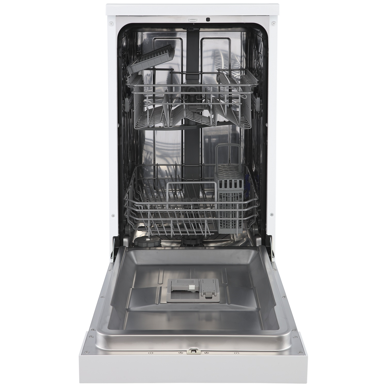A white dishwasher with its door open, showing two racks and the interior.