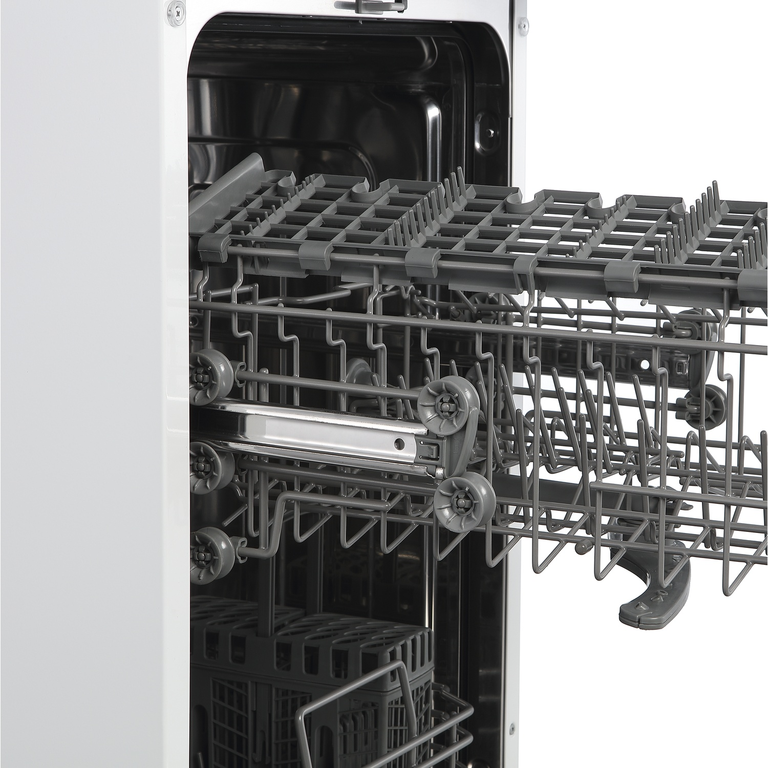 An open dishwasher with grey racks and wheels extended.