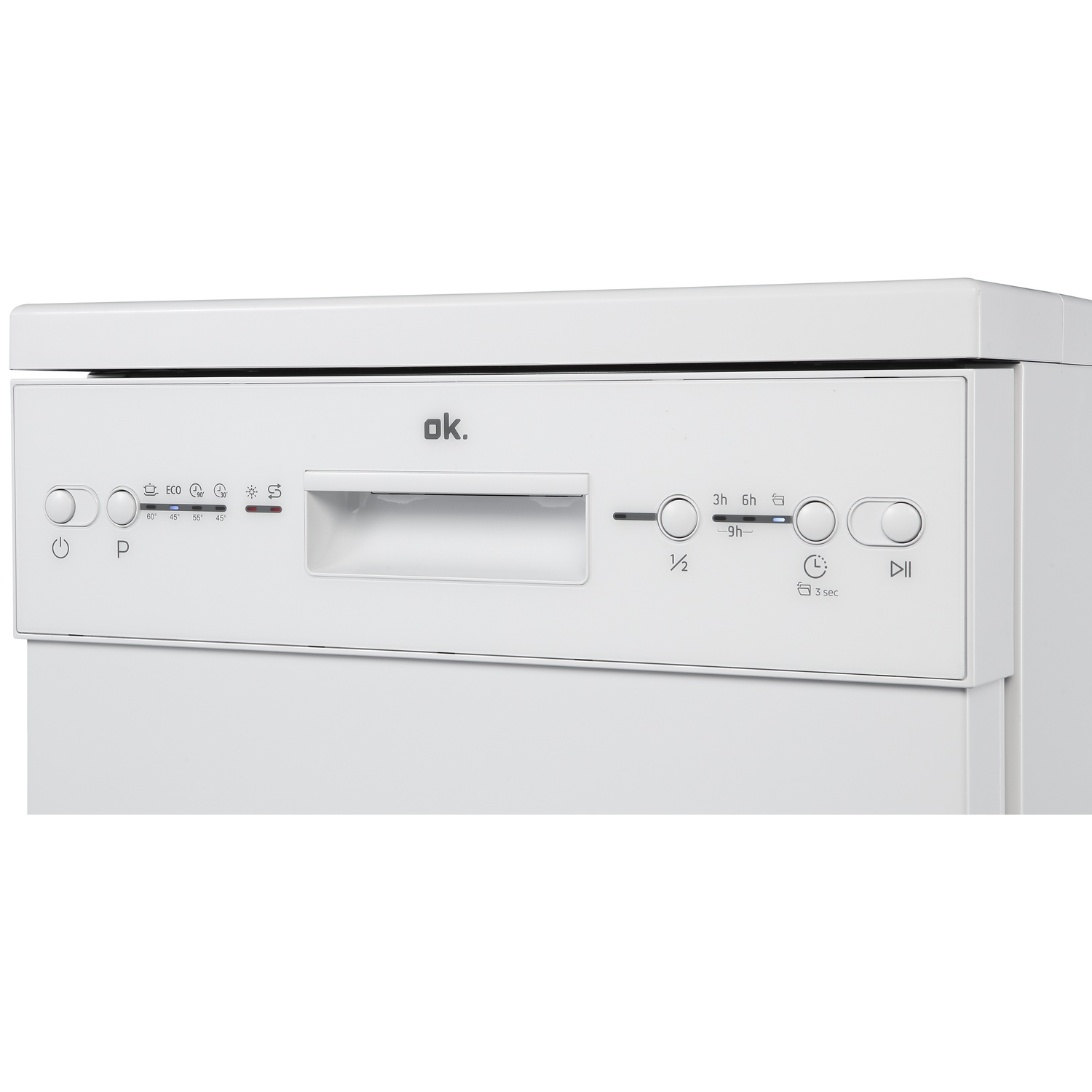A white dishwasher with a control panel featuring various icons and buttons.