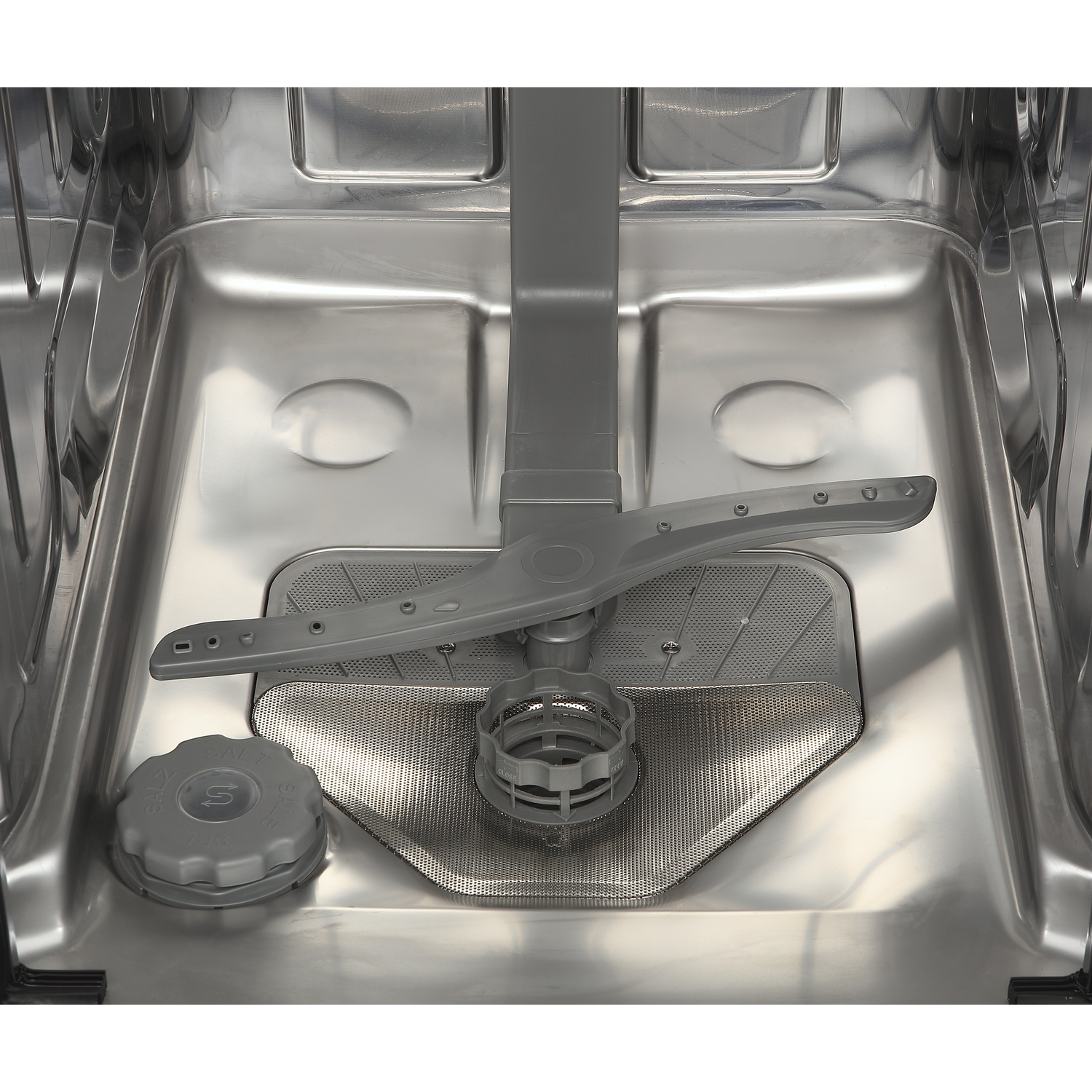 Interior view of a dishwasher, showing the spray arm and salt compartment.