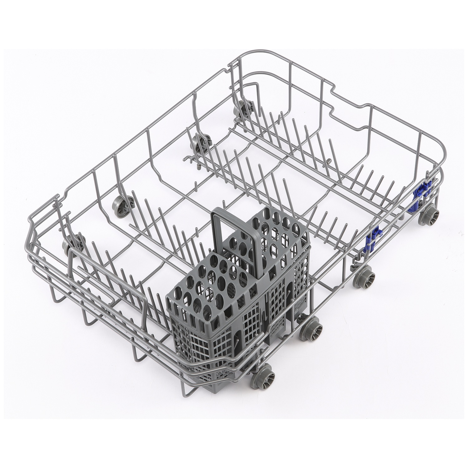 An empty metal dishwasher rack with a gray cutlery basket and wheels.