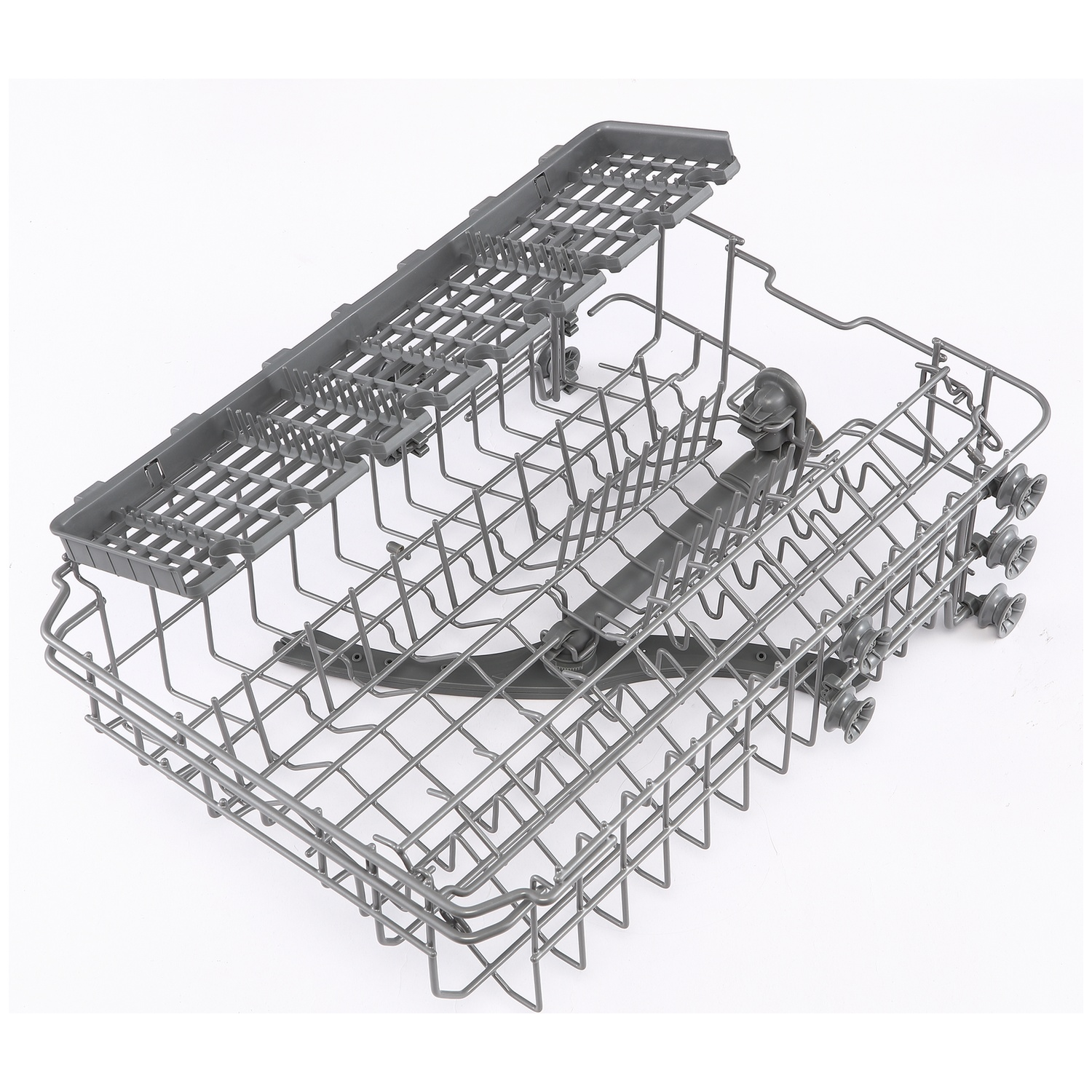 Gray dishwasher basket with wheels and racks for glasses.