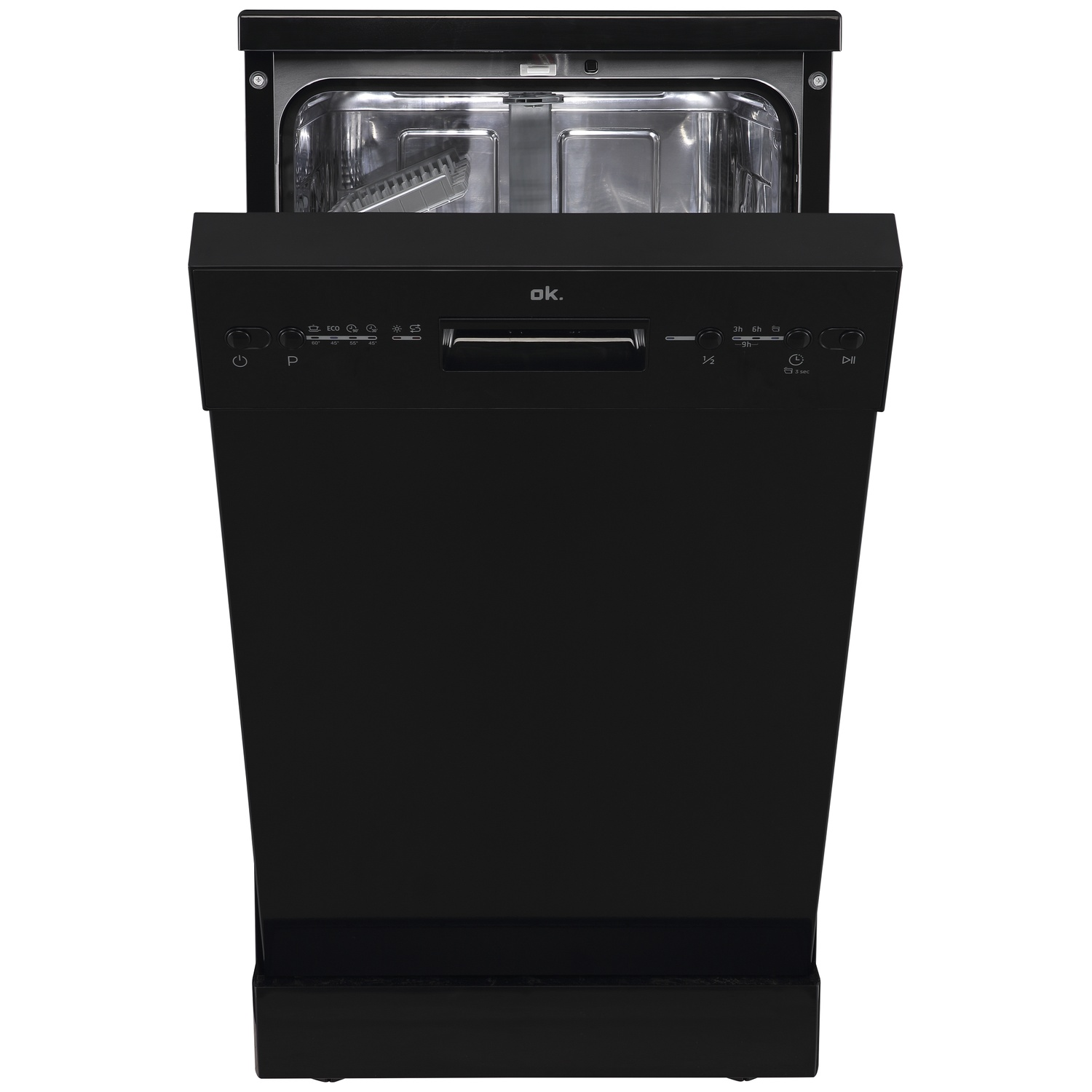 A black dishwasher with its top door open, showing the control panel.