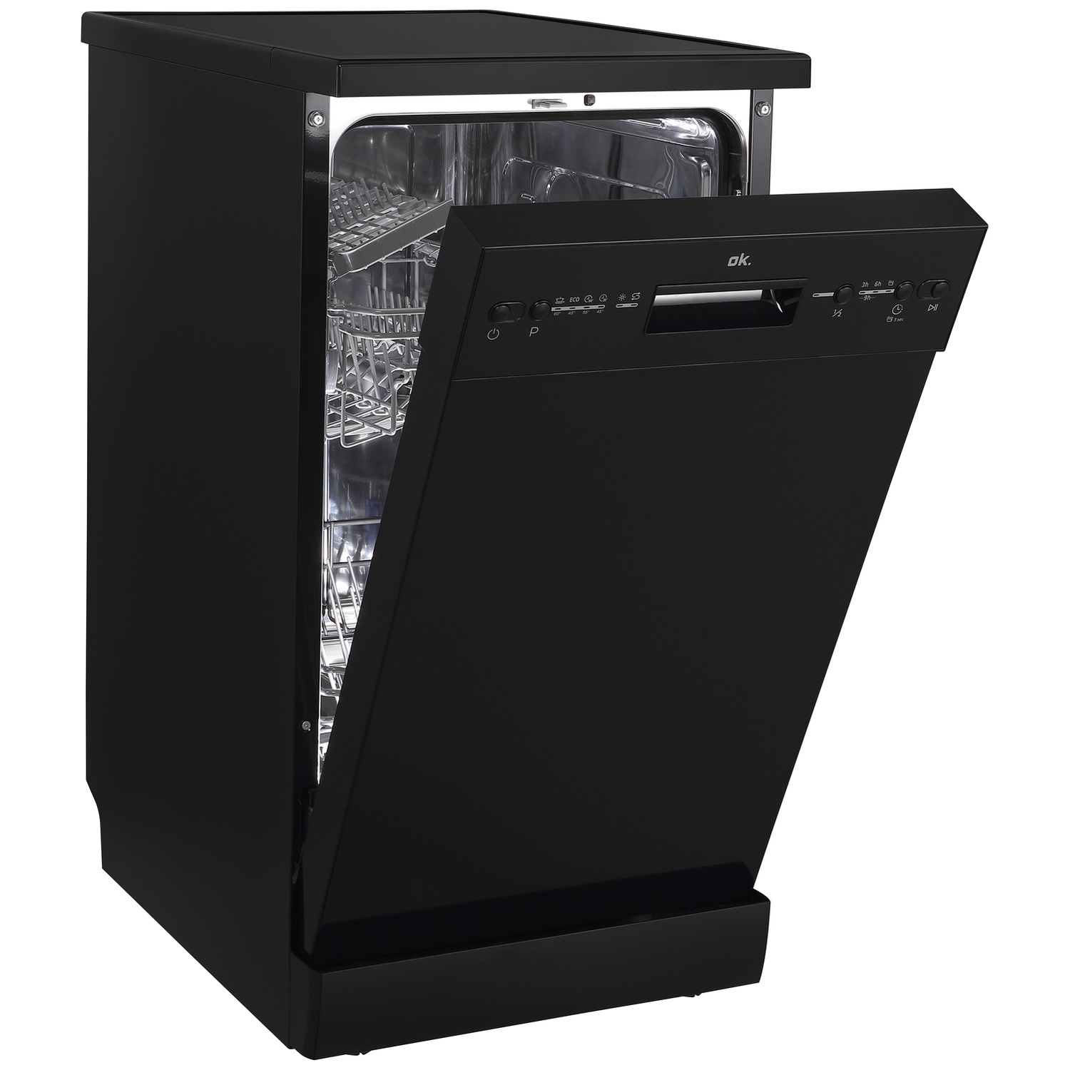 Black dishwasher with its door slightly open, showing interior racks.