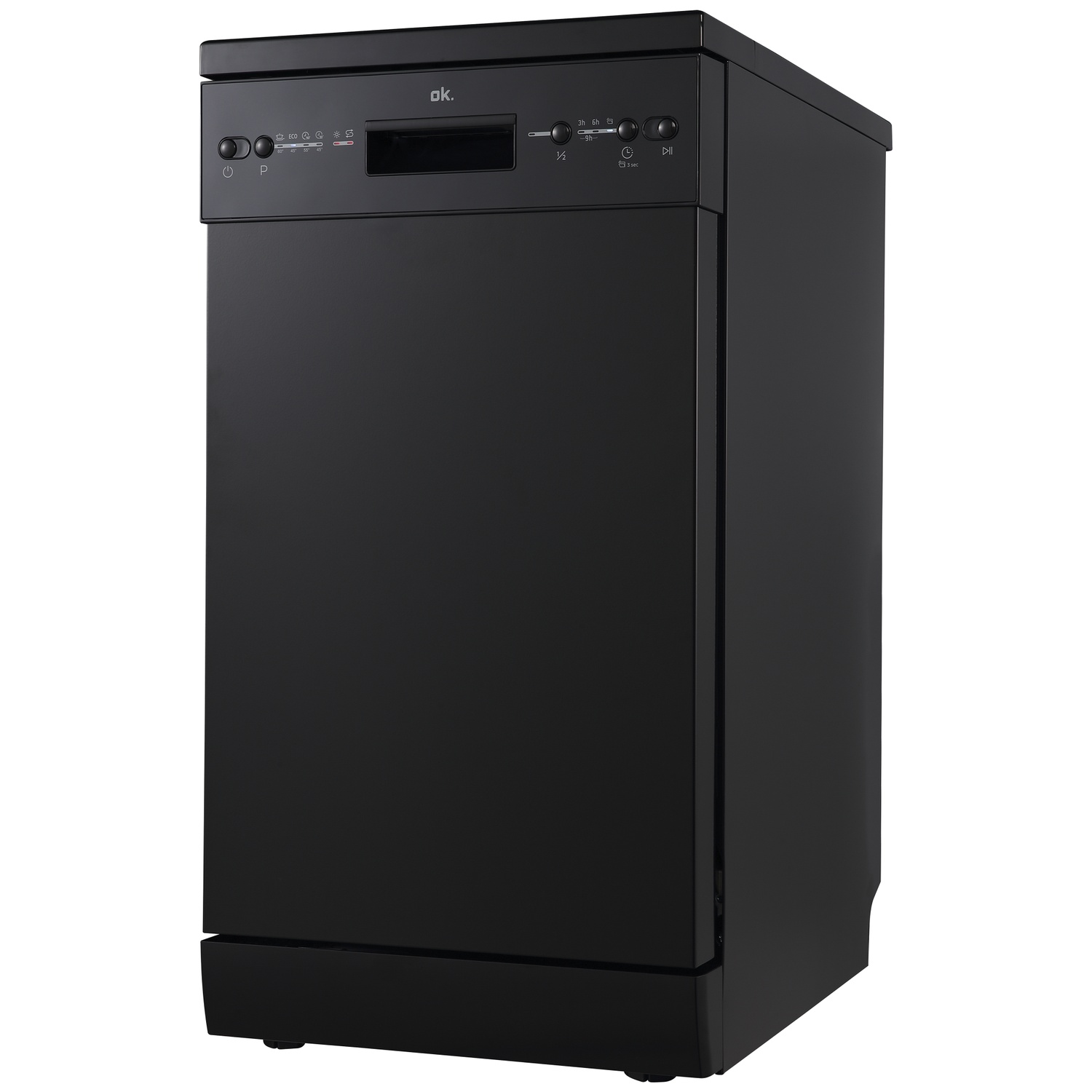 A black, freestanding dishwasher with a control panel and digital display.