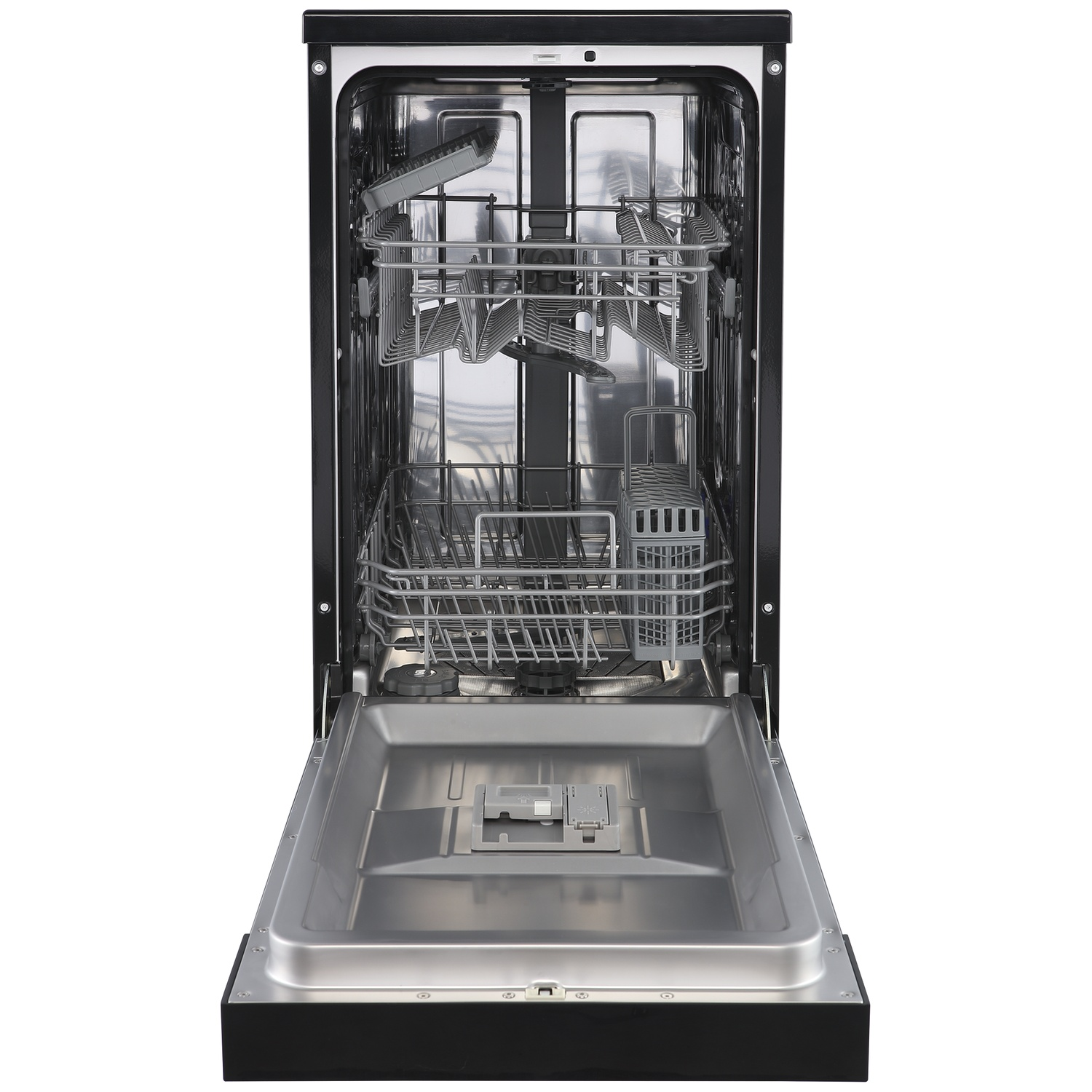 An open, empty dishwasher with two racks and a cutlery basket inside.