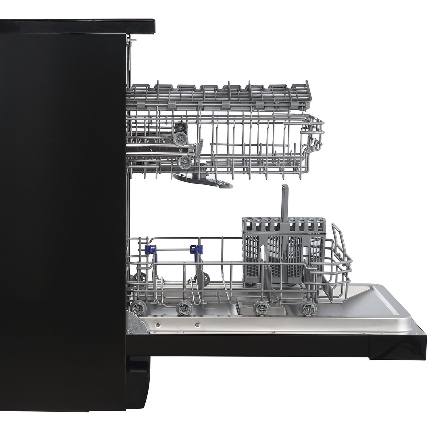 Open black dishwasher with extended silver racks for dishes.